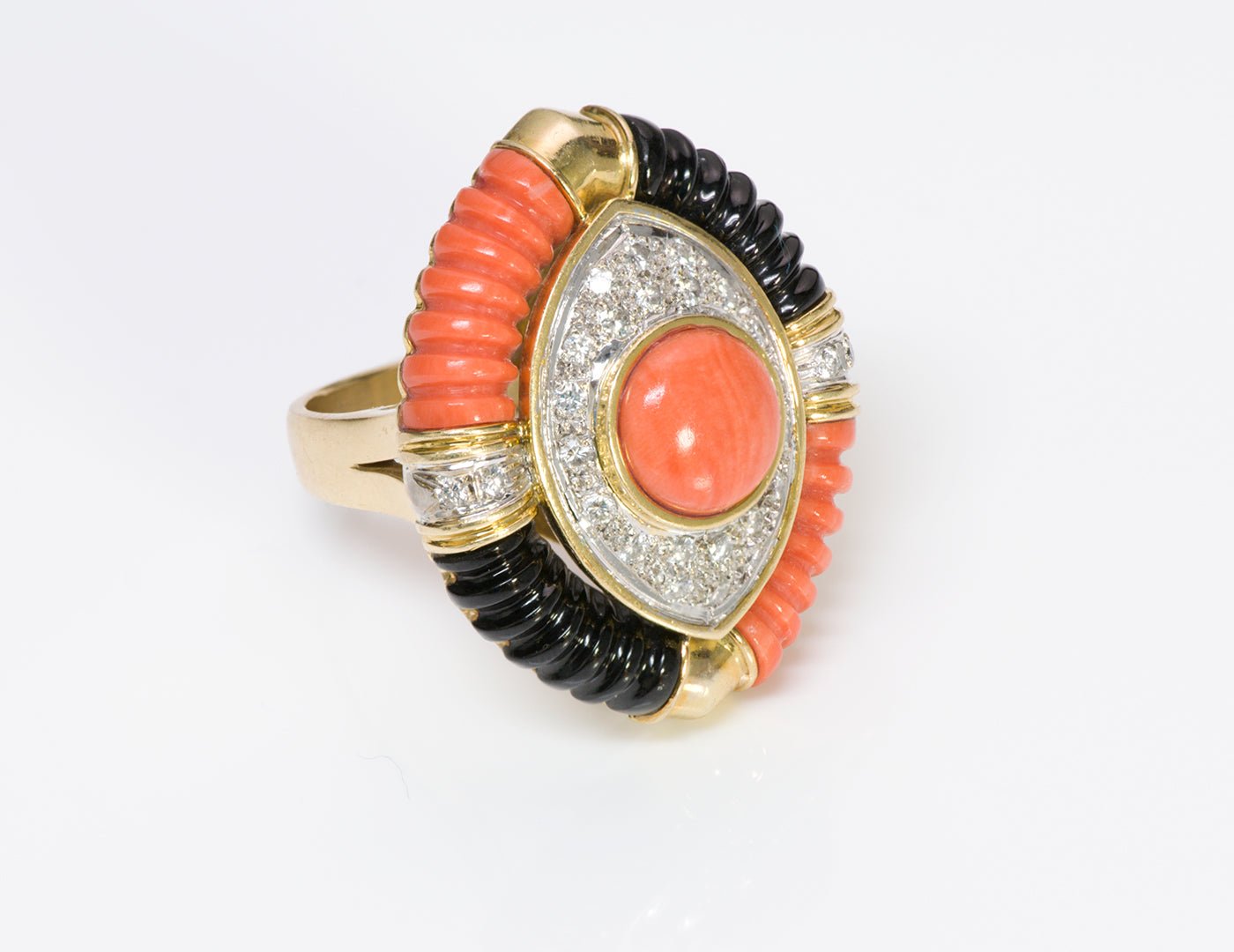 Coral Diamond Onyx 18K Gold Cocktail Ring