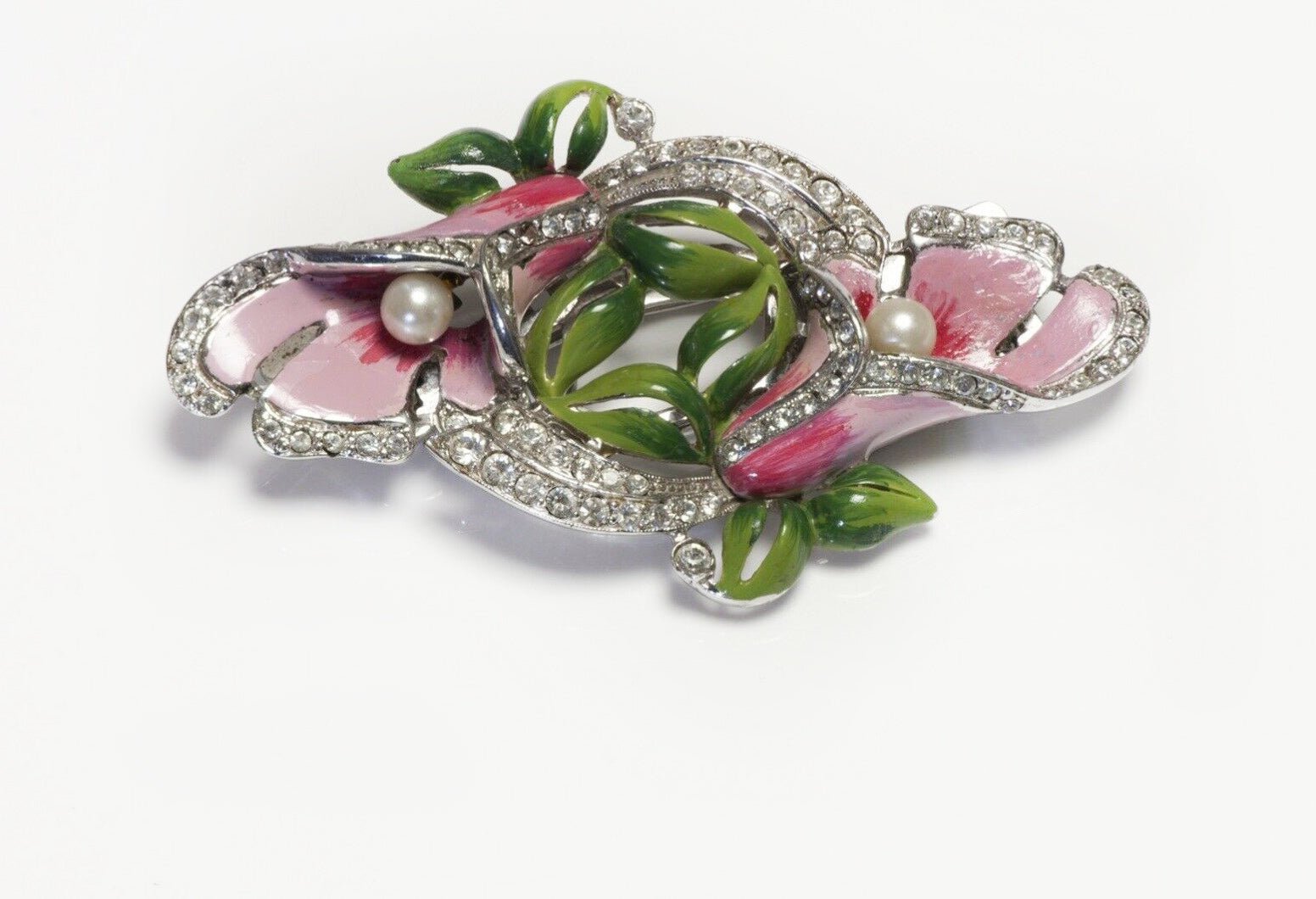 Coro Duette Enamel Pearl Crystal Flower Double Clips Brooch