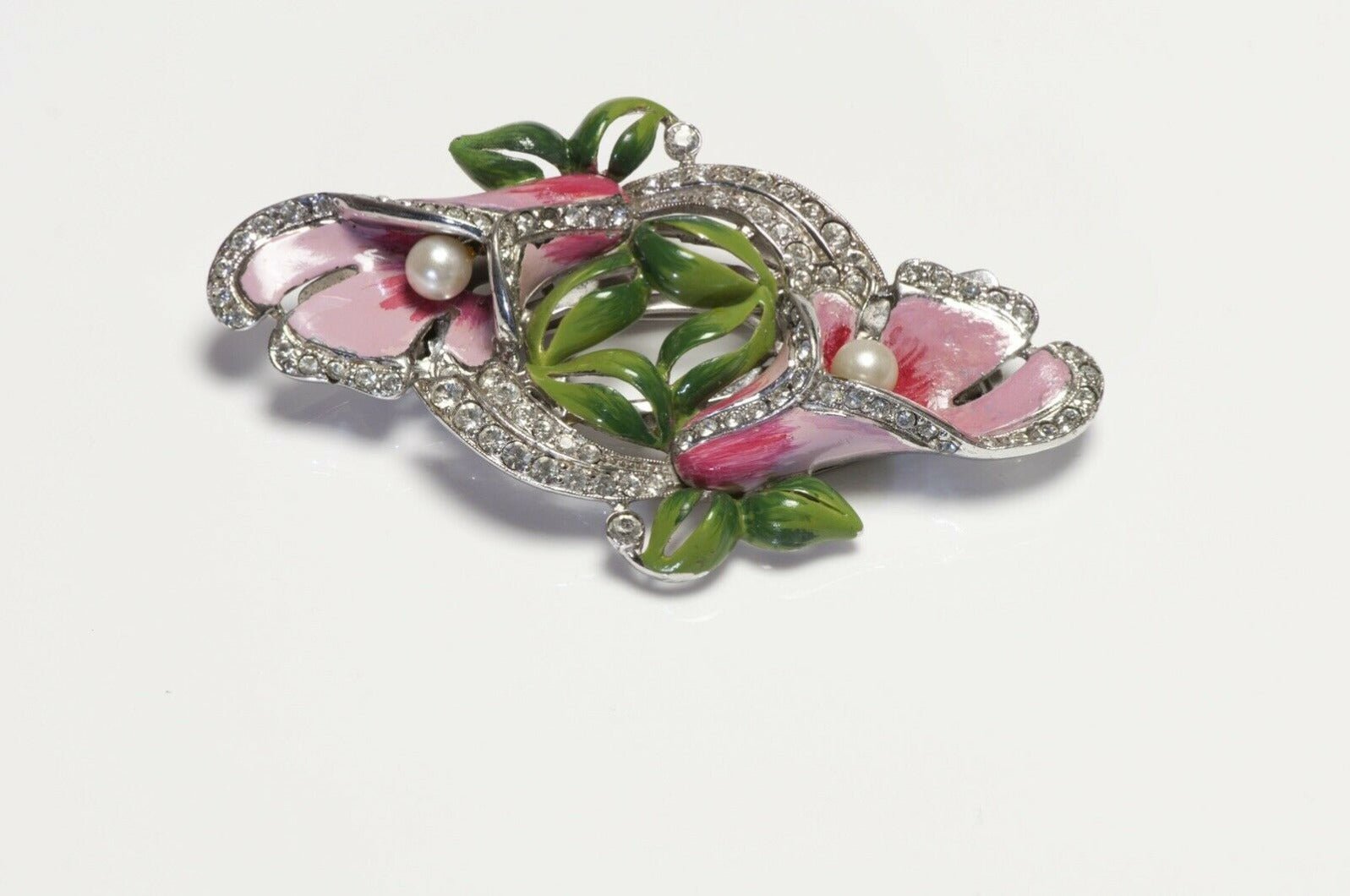 Coro Duette Enamel Pearl Crystal Flower Double Clips Brooch