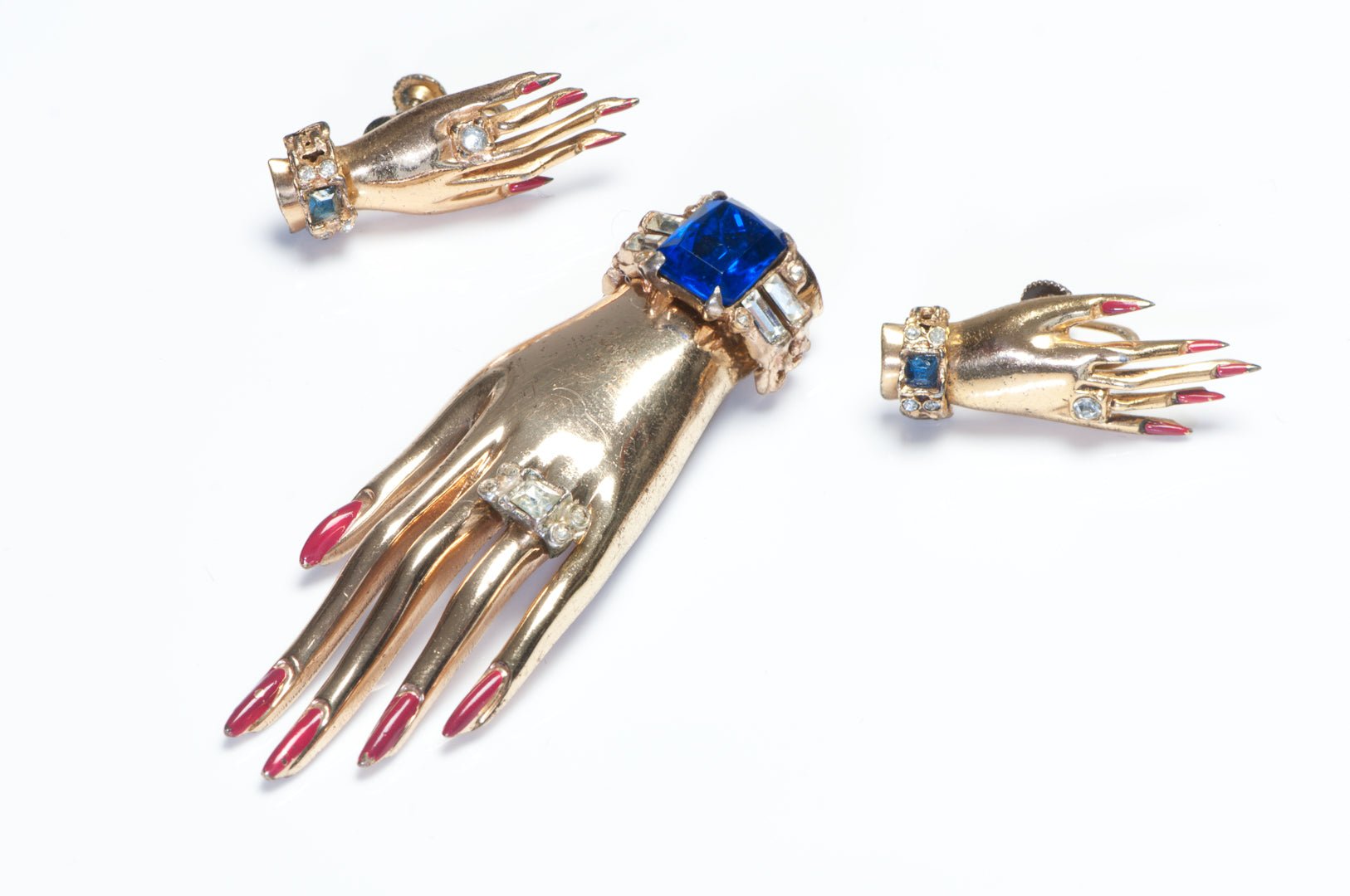 Corocraft 1944 Sterling Silver Blue Crystal Red Enamel Hand Brooch Earrings Set