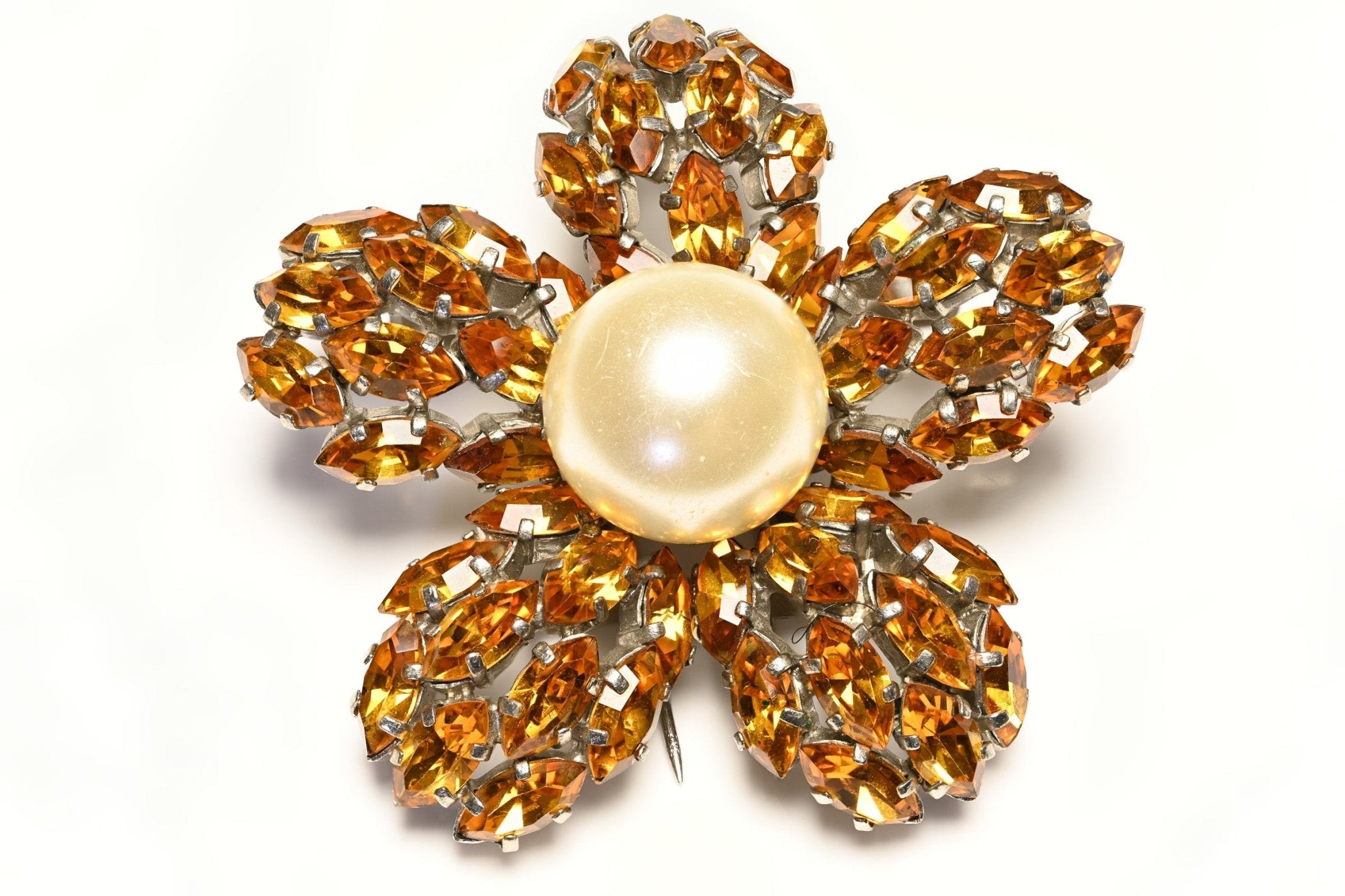 Cristobal Balenciaga by Roger Jean-Pierre Paris 1950's Brown Crystal Pearl Flower Brooch