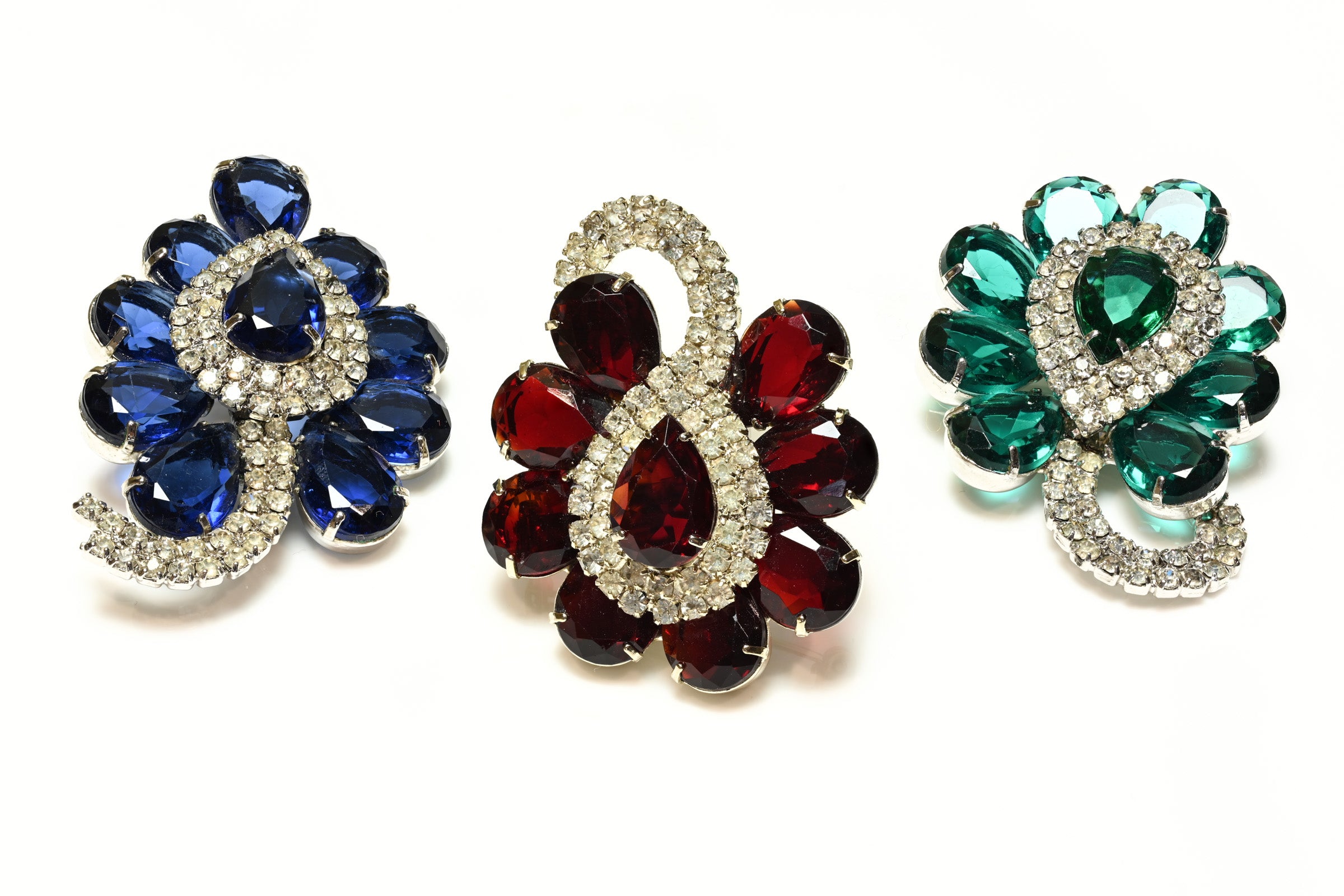 Vintage 1950's Red Blue Green Crystal Set of 3 Brooches
