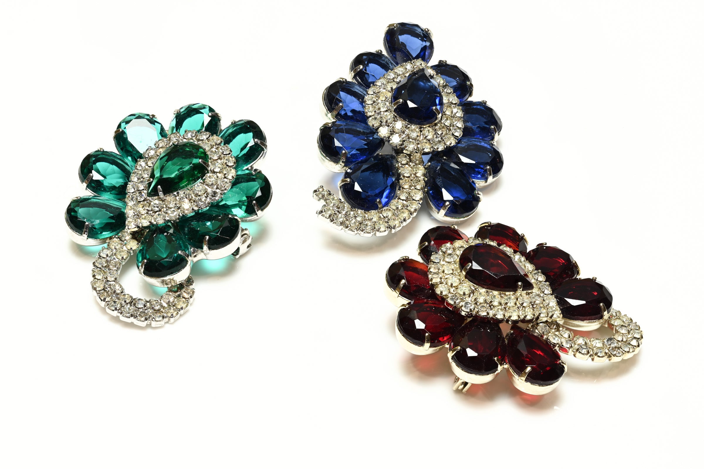 Vintage 1950's Red Blue Green Crystal Set of 3 Brooches 1