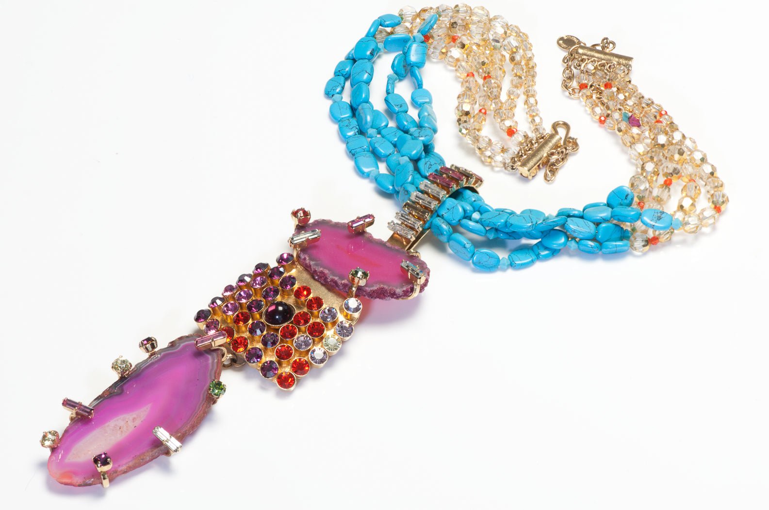 Daniel Swarovski Couture Turquoise Pink Sliced Agate Crystal Pendant Necklace