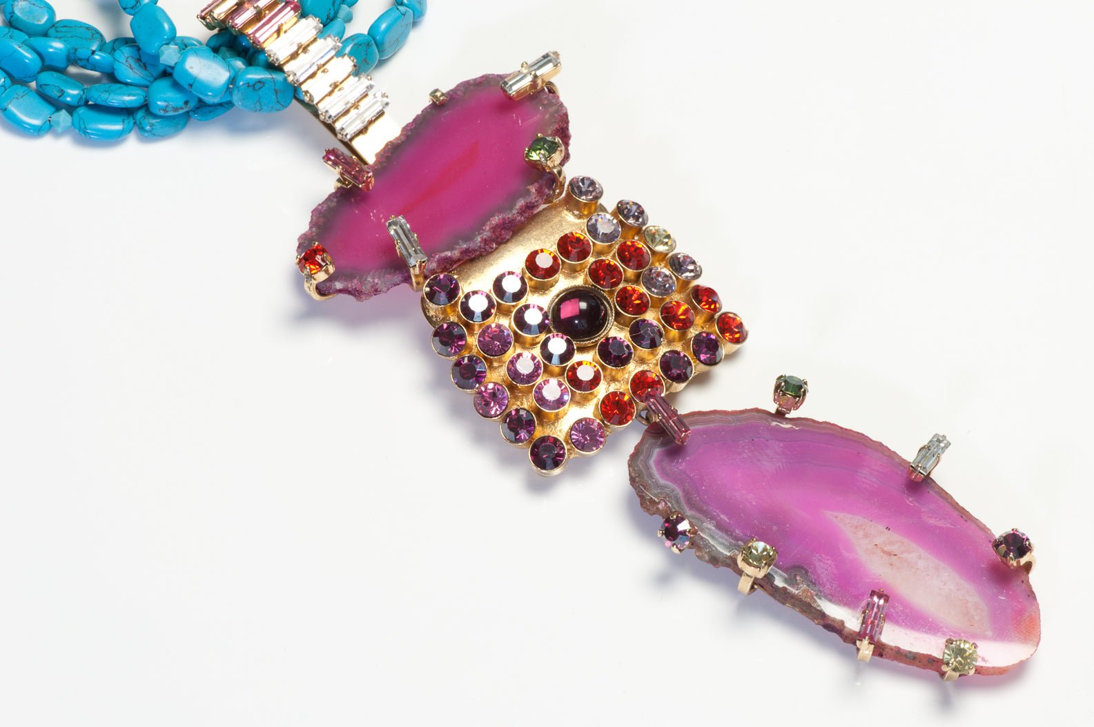 Daniel Swarovski Couture Turquoise Pink Sliced Agate Crystal Pendant Necklace