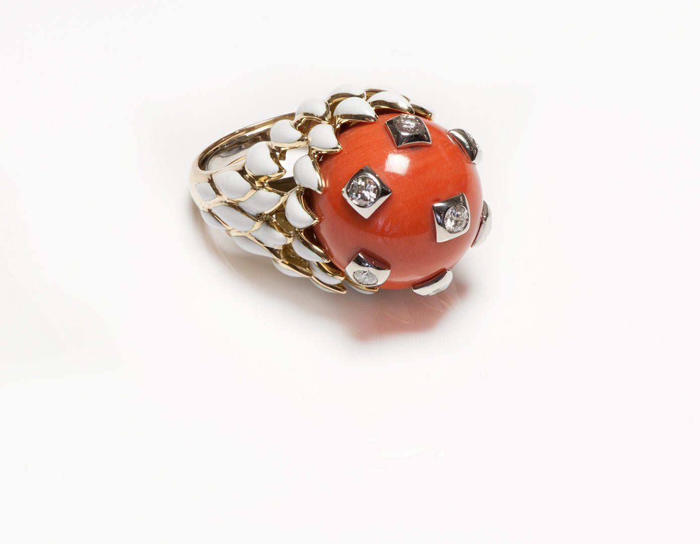 David Webb 18K Gold Coral Diamond & Enamel Ring