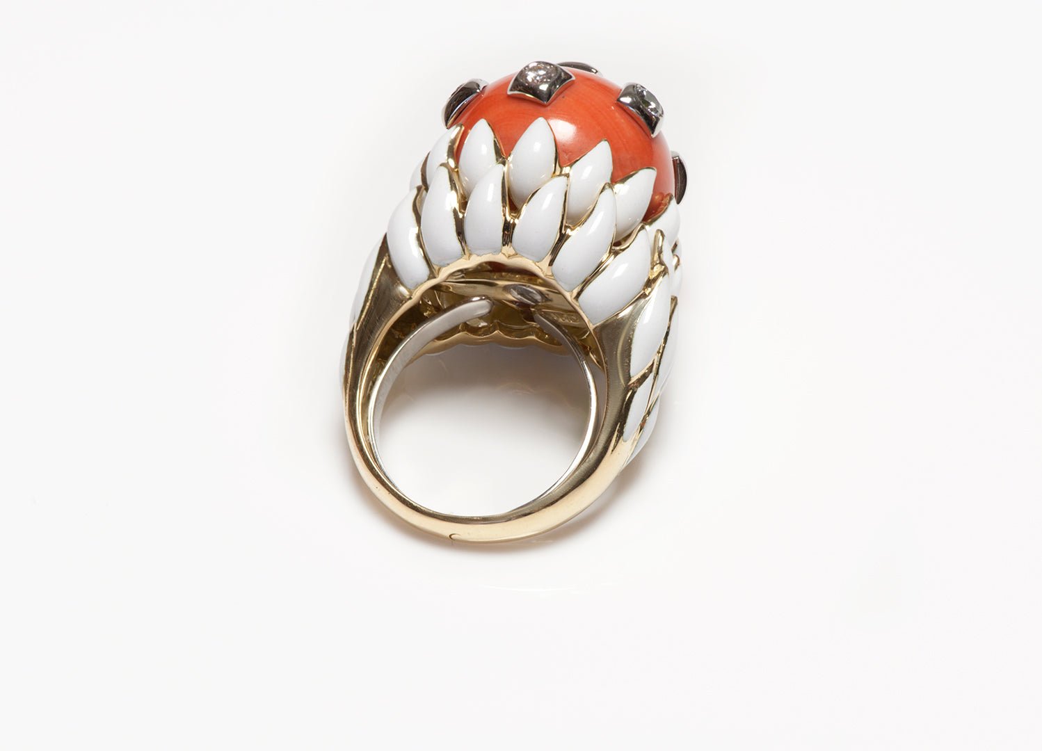 David Webb 18K Gold Coral Diamond & Enamel Ring