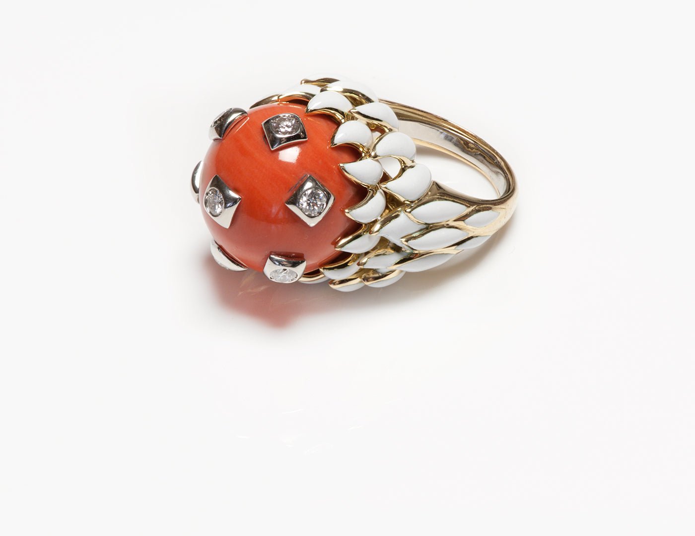 David Webb 18K Gold Coral Diamond & Enamel Ring