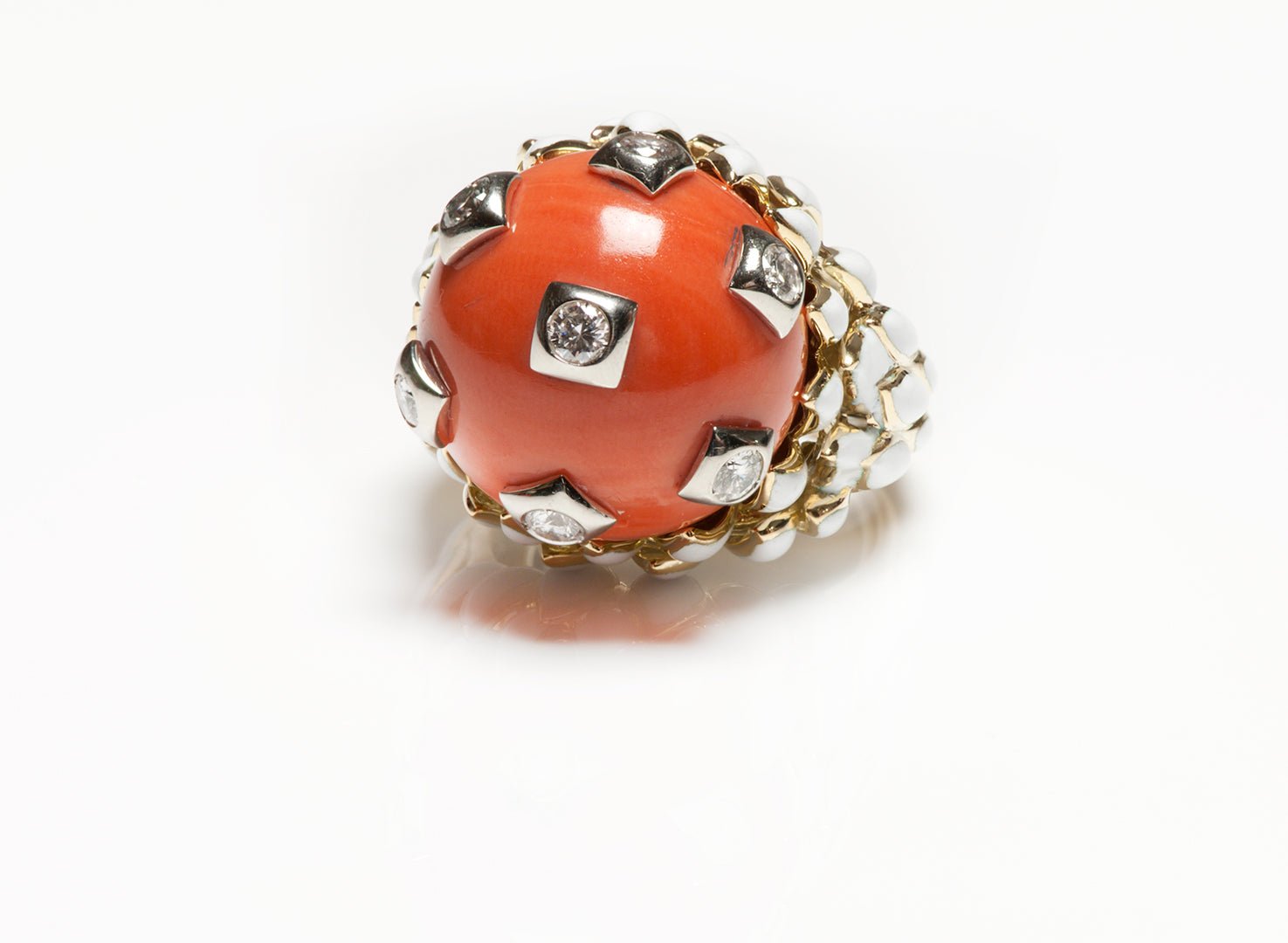 David Webb 18K Gold Coral Diamond & Enamel Ring