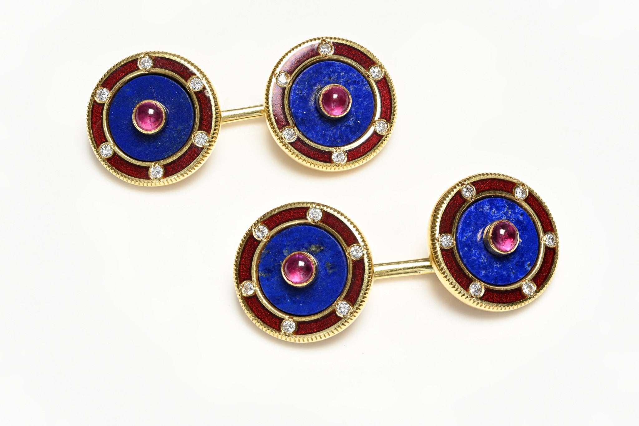 Deakin and Francis 18K Gold Lapis Enamel Diamond Ruby Cufflink Stud Set