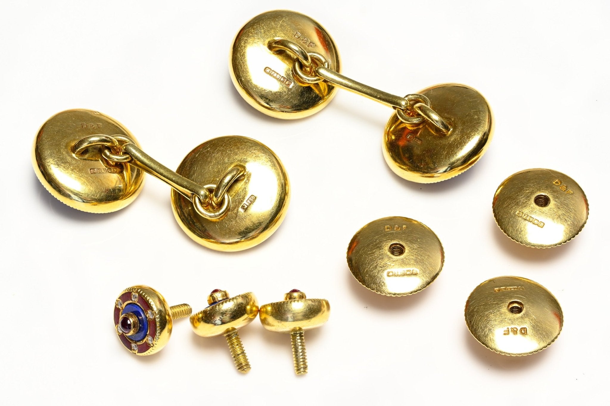 Deakin and Francis 18K Gold Lapis Enamel Diamond Ruby Cufflink Stud Set