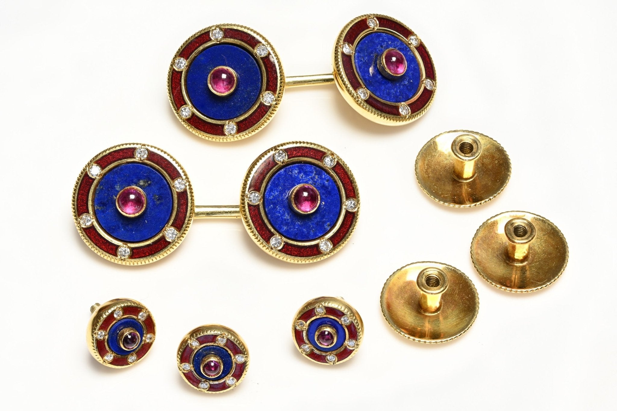 Deakin and Francis 18K Gold Lapis Enamel Diamond Ruby Cufflink Stud Set