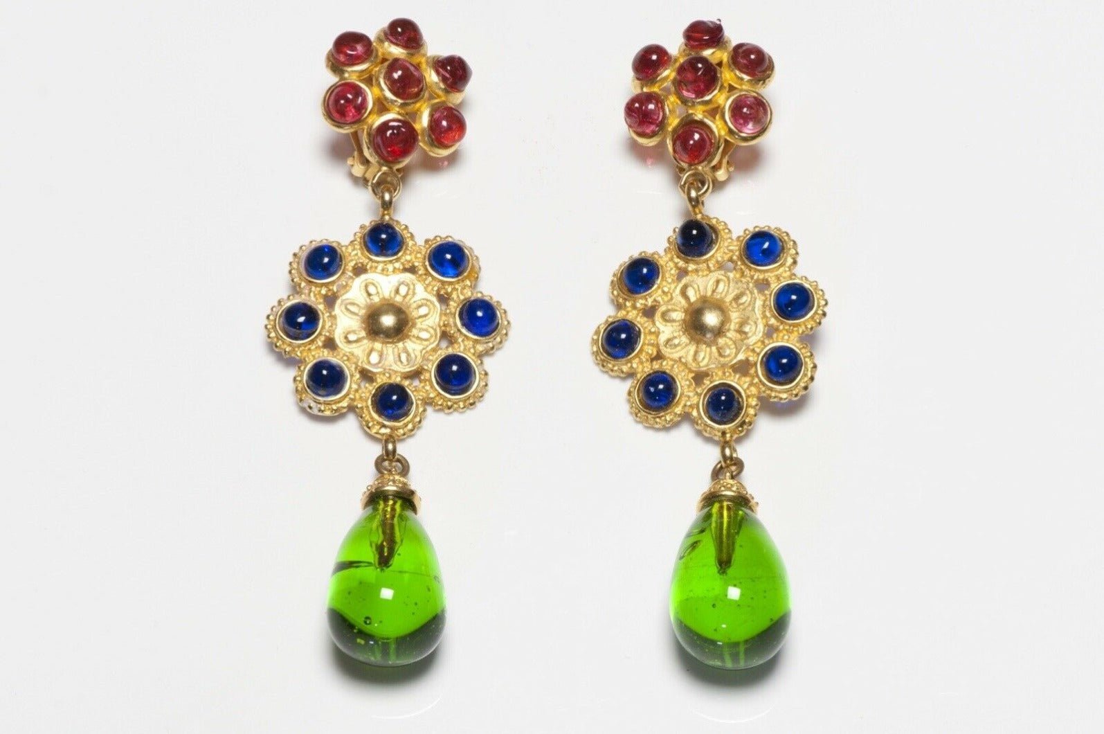 Deanna Hamro 1980’s Long Green Red Blue Poured Glass Earrings