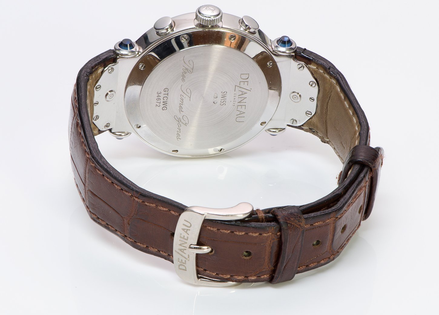 DeLaneau 18K Gold 3-Time Zone Diamond Chronograph Watch GTCWG