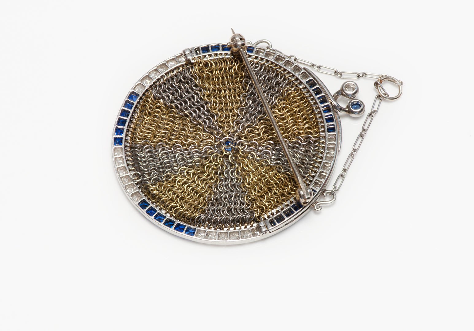 Delightful Antique Gold Platinum Sapphire Diamond Miniature Mesh Purse Brooch