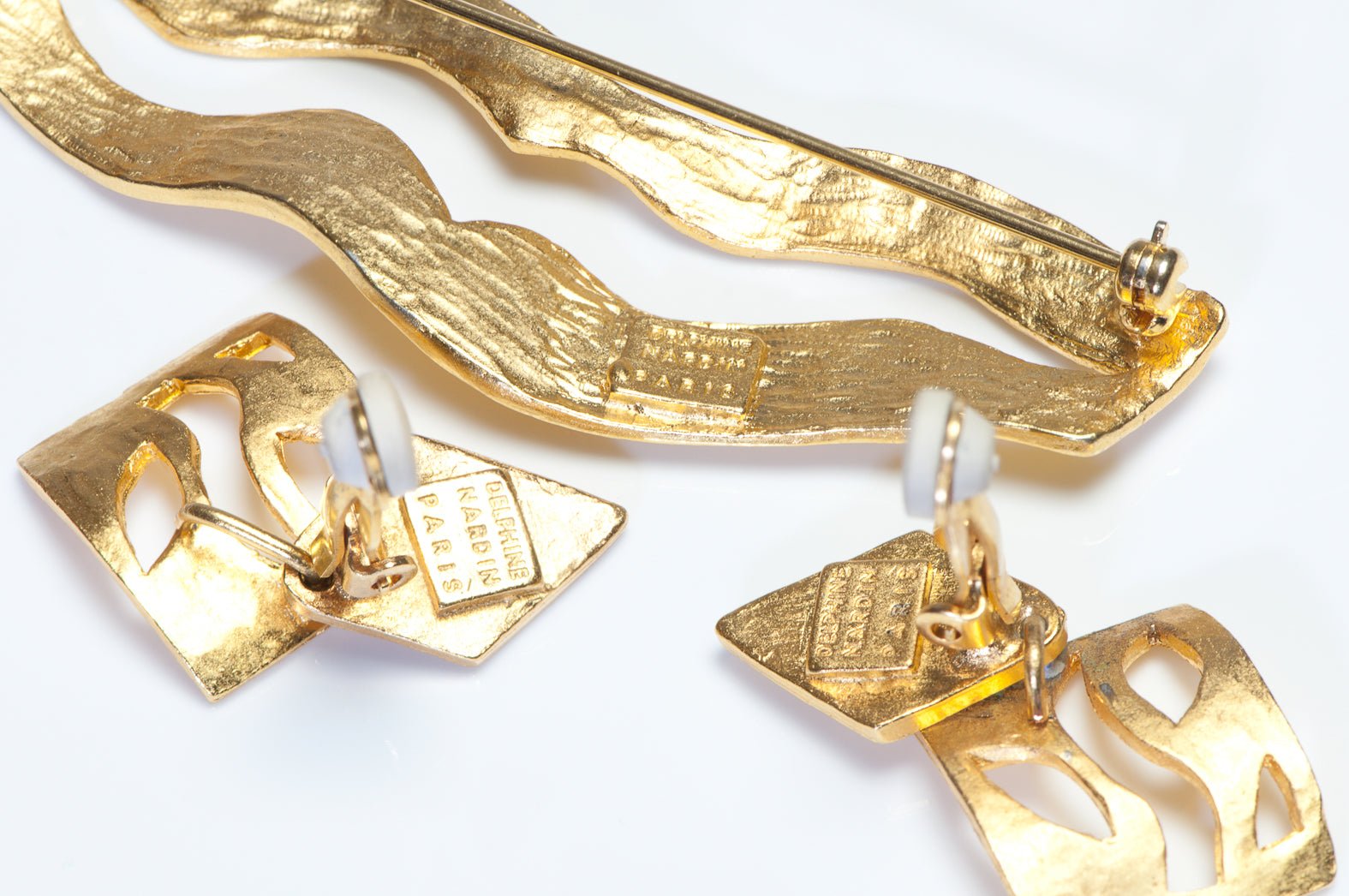 Delphine Nardin Paris Gold Plated Modernist Earrings Brooch Set