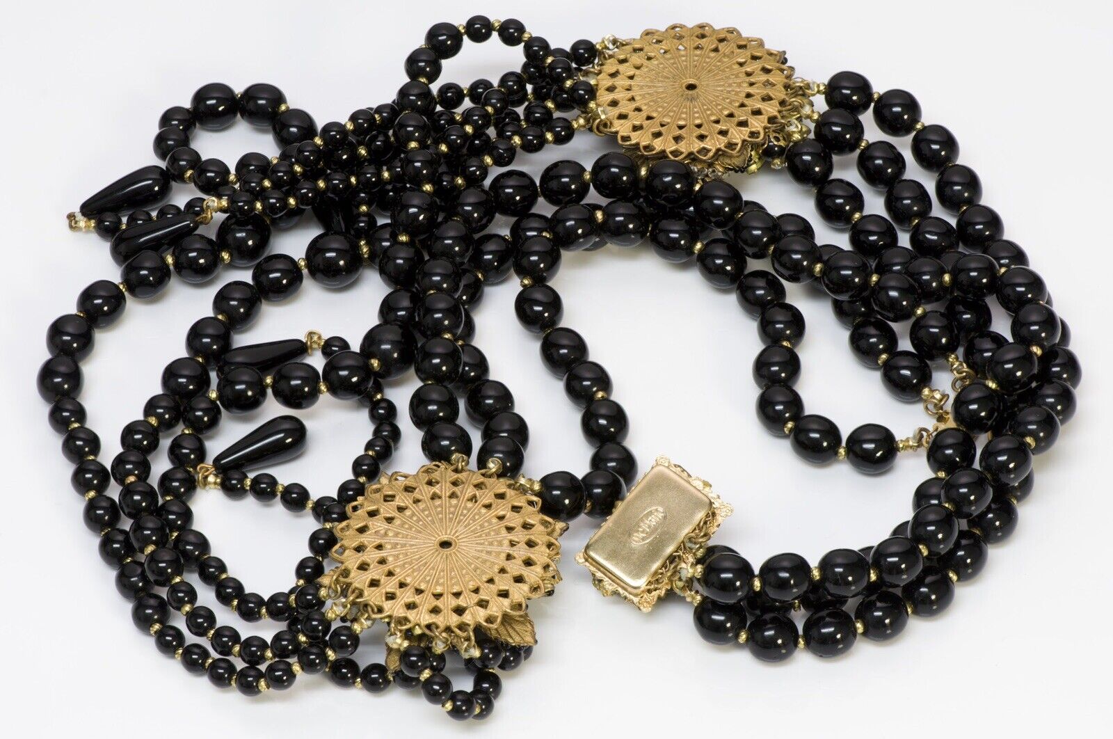 DeMario 1950’s 3 Strand Black Glass Beads Flower Tassel Necklace