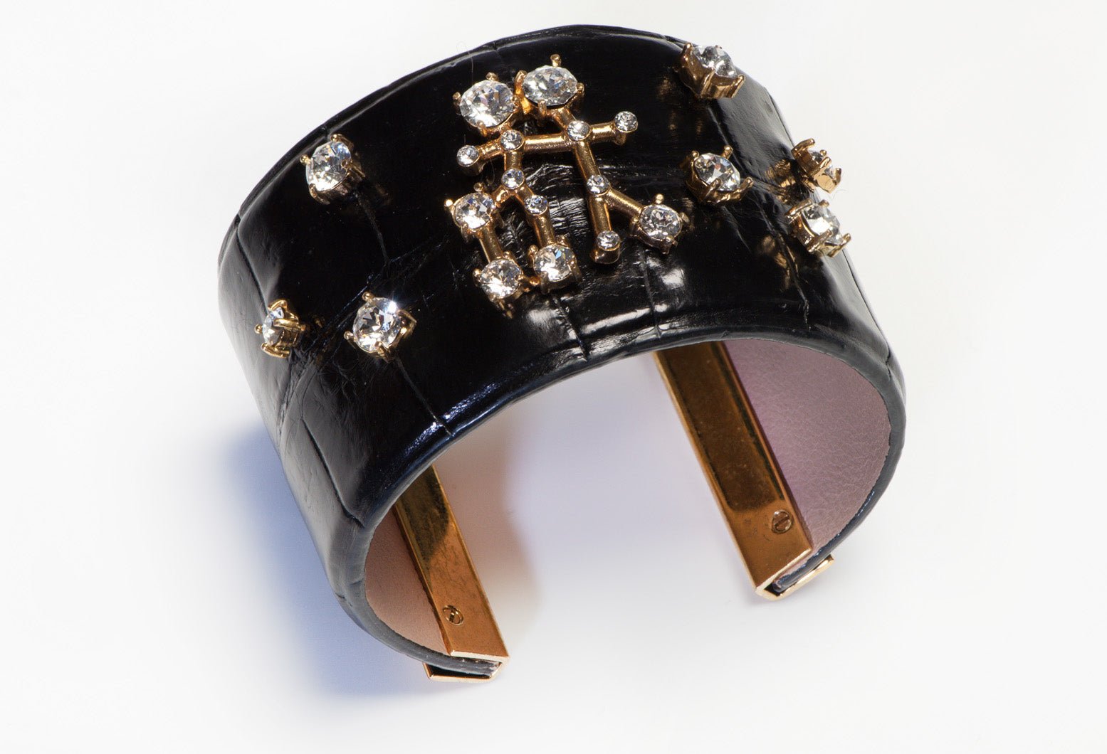 Devi Kroell Wide Black Crocodile Stick Figurines Crystal Cuff Bracelet