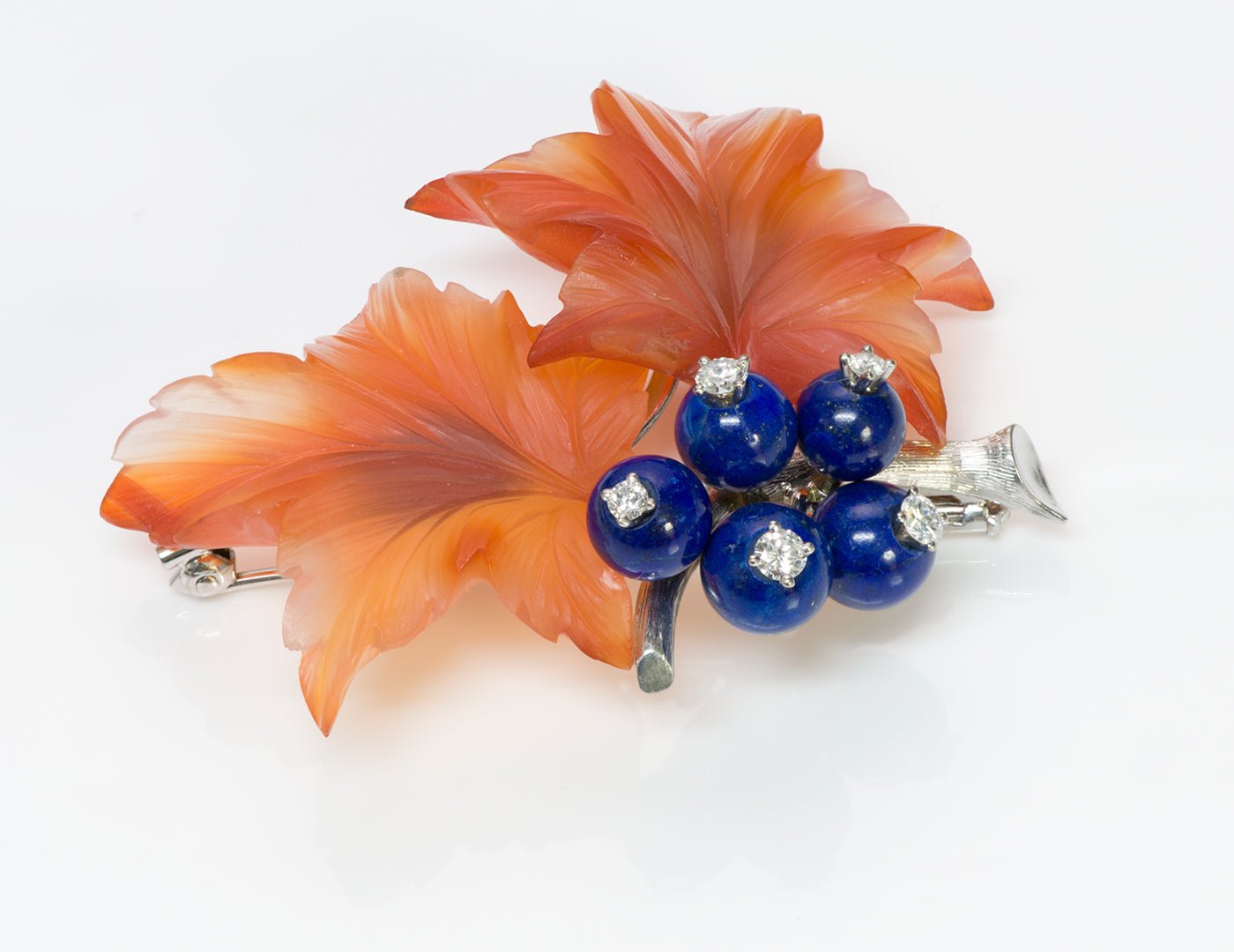 Diamond Carnelian Lapis Gold Flower Pin Brooch