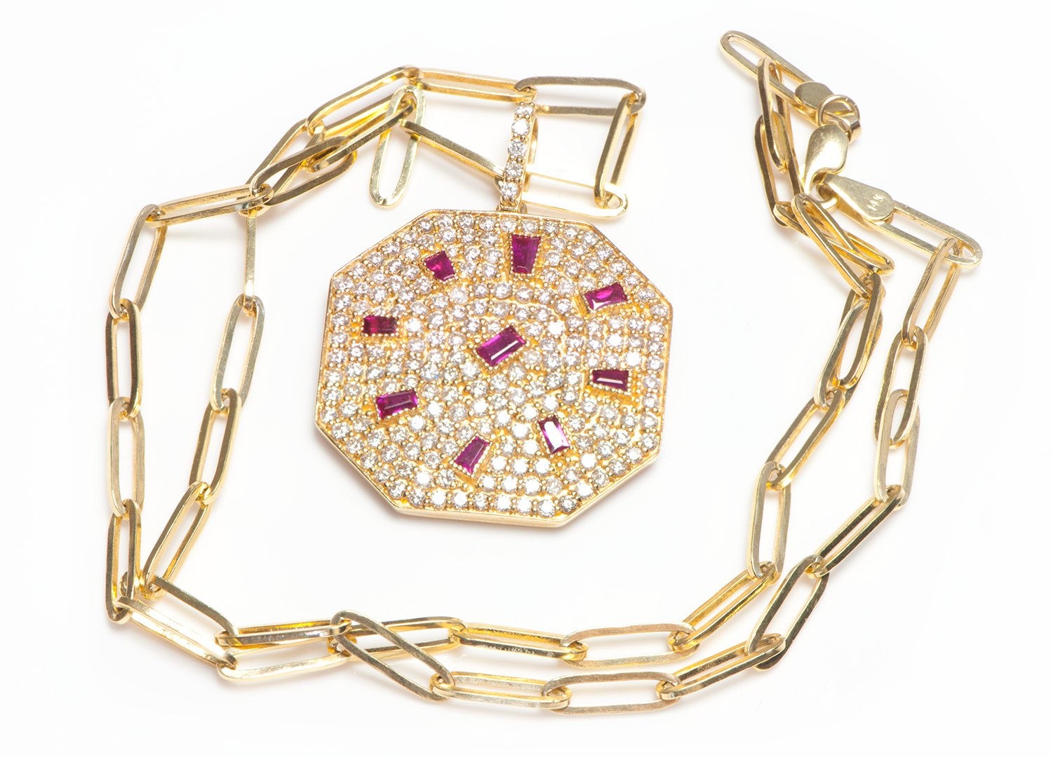 Diamond Ruby Yellow Gold Chain Octagon Shape Pendant