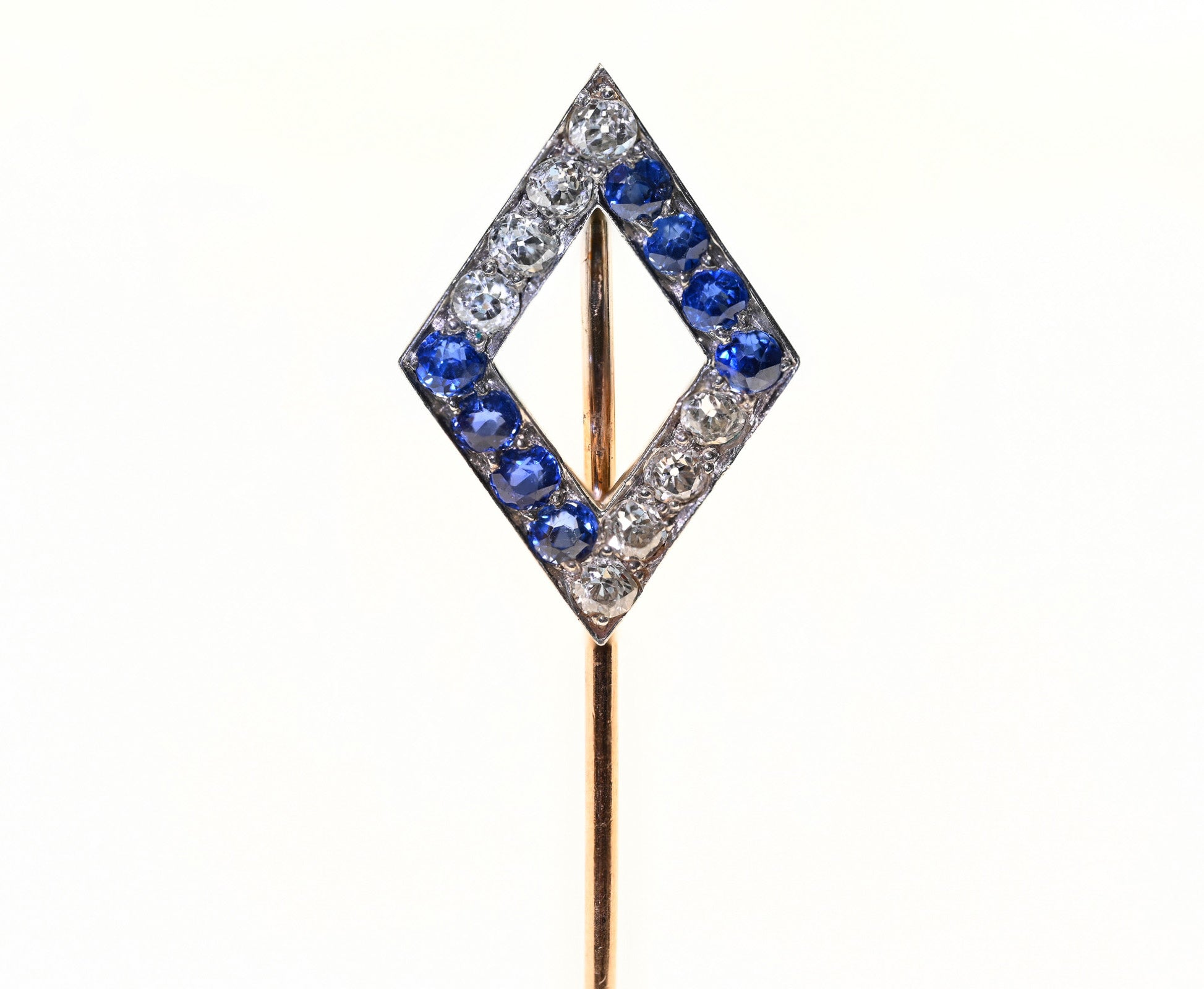 Edwardian Gold Mine Cut Diamond Sapphire Stick Pin