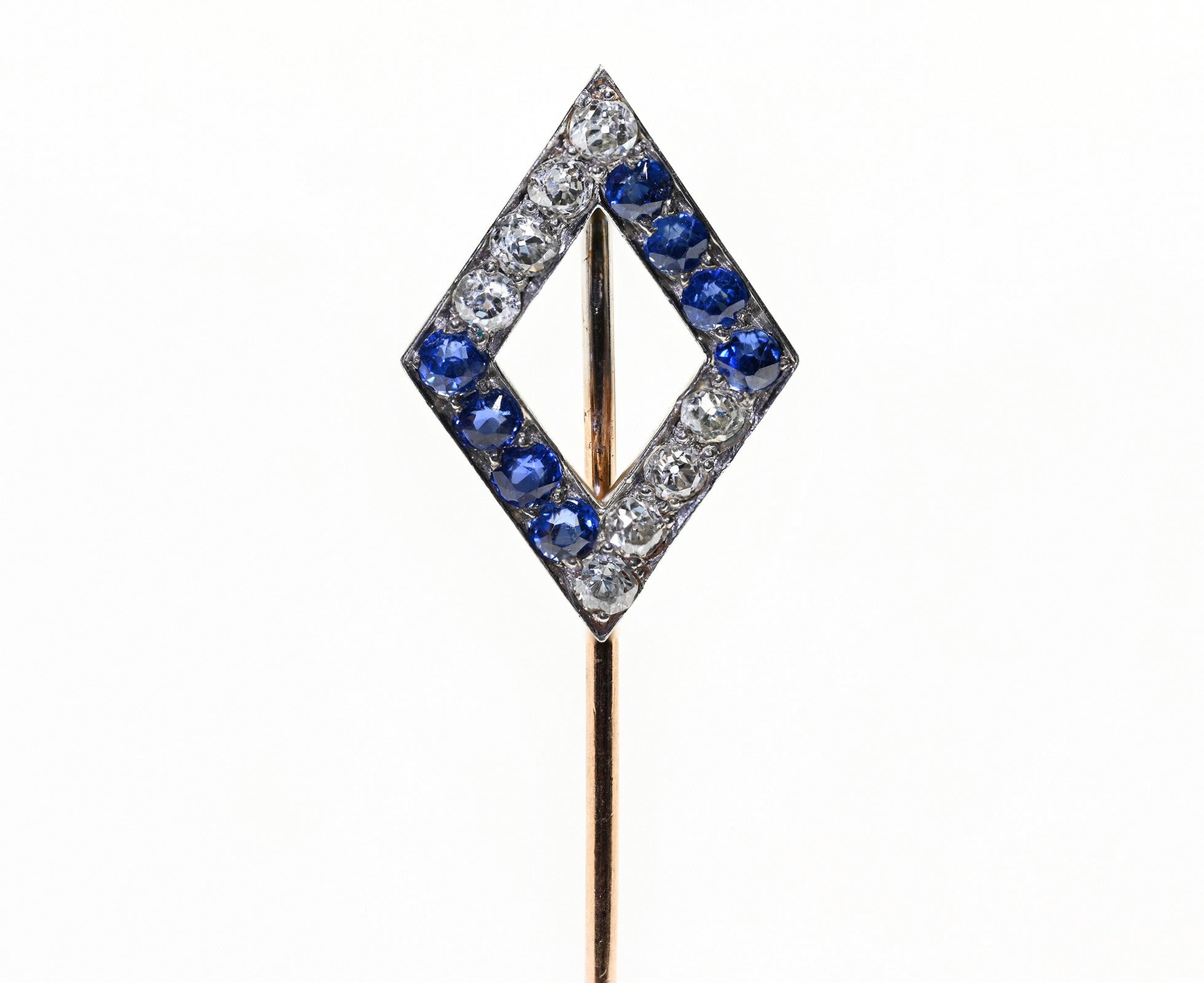 Edwardian Gold Mine Cut Diamond Sapphire Stick Pin 