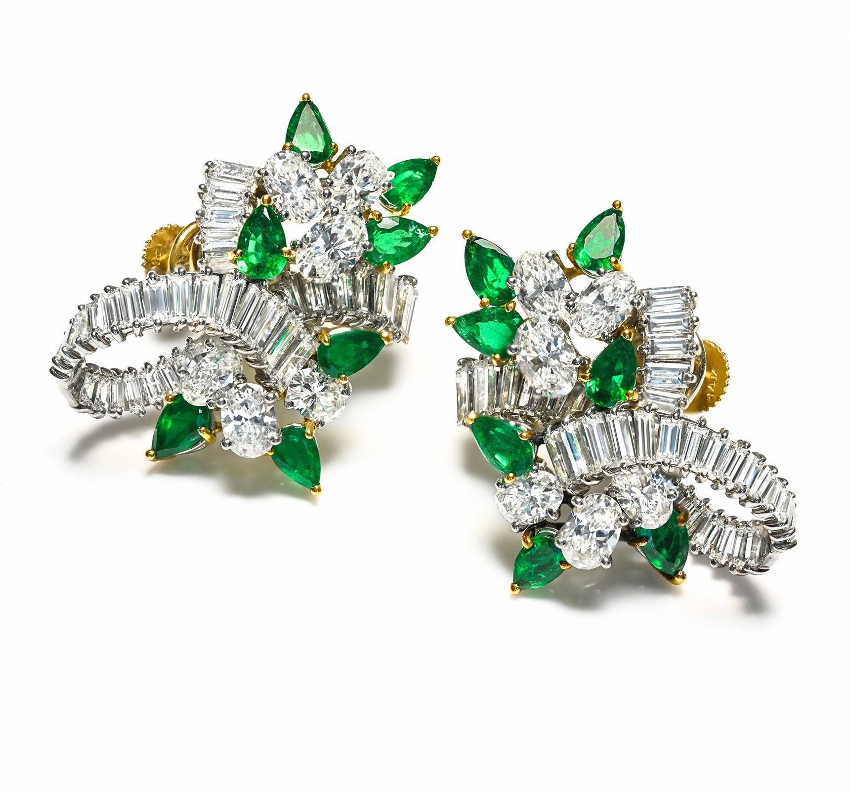 Vintage Diamond Emerald Earrings Platinum 18K Gold