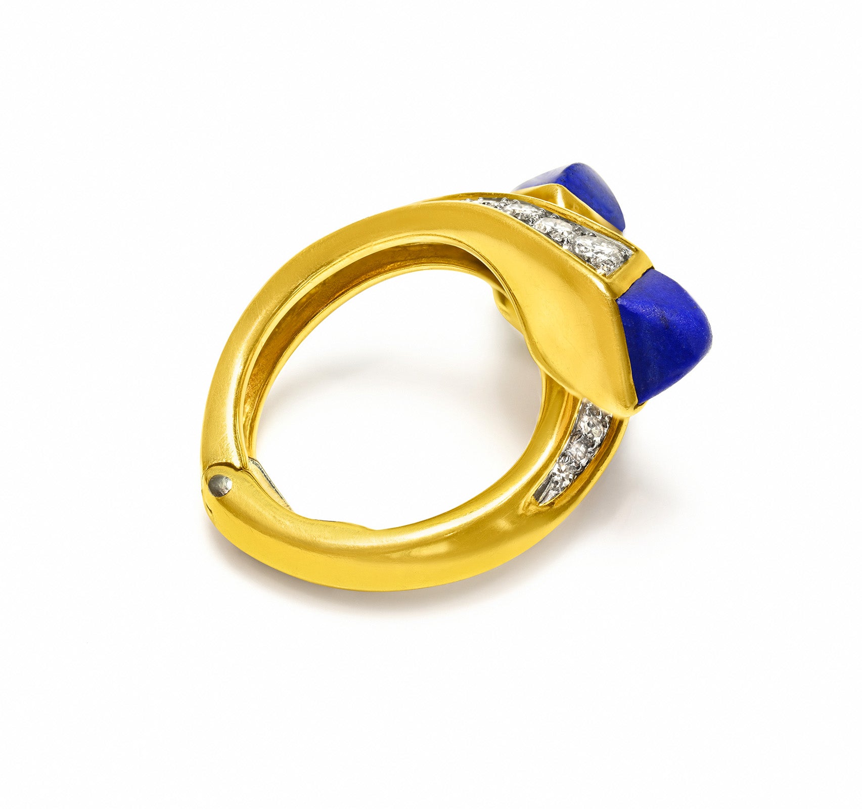 Fine 18K Yellow Gold Hinged Bypass Ring with Diamonds and Lapis Lazuli