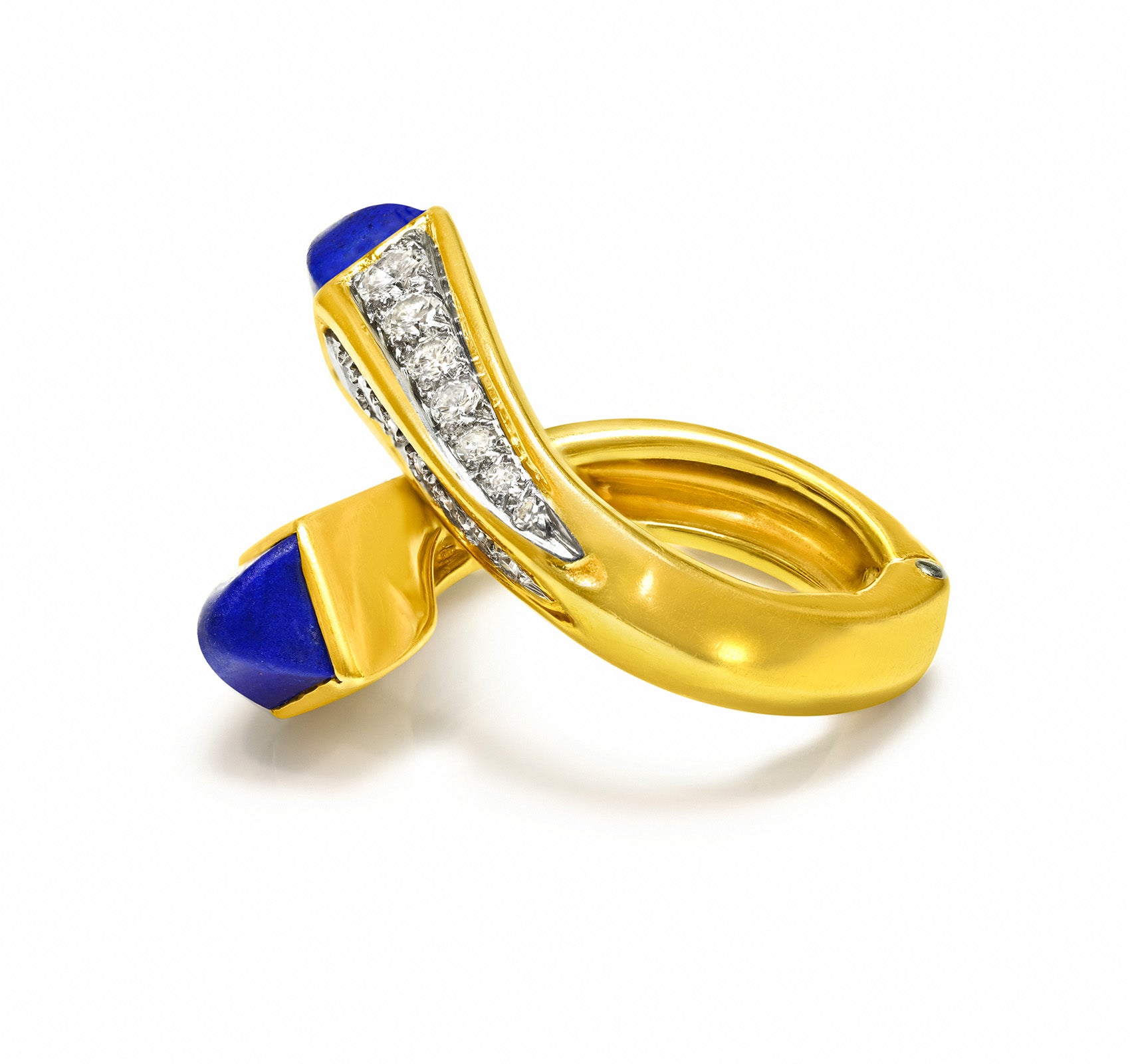 Fine 18K Yellow Gold Hinged Bypass Ring with Diamonds & Lapis Lazuli