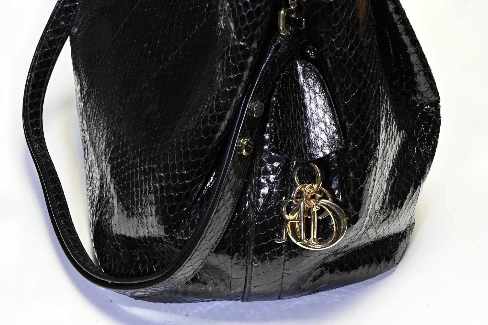 Dior Paris Black Snakeskin Diorific Sequin Embroidered Patch Bucket Shoulder Bag