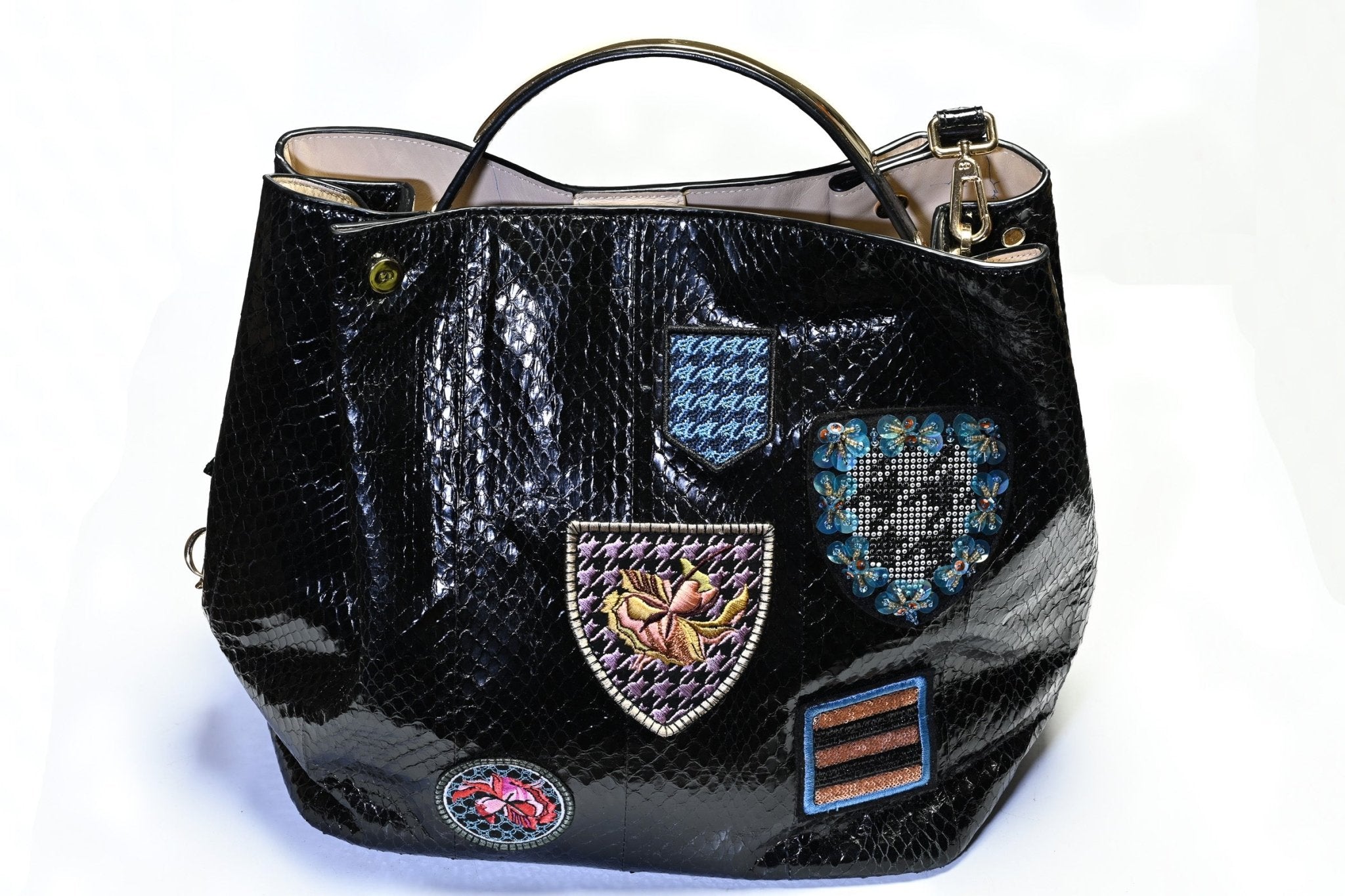 Dior Paris Black Snakeskin Diorific Sequin Embroidered Patch Bucket Shoulder Bag