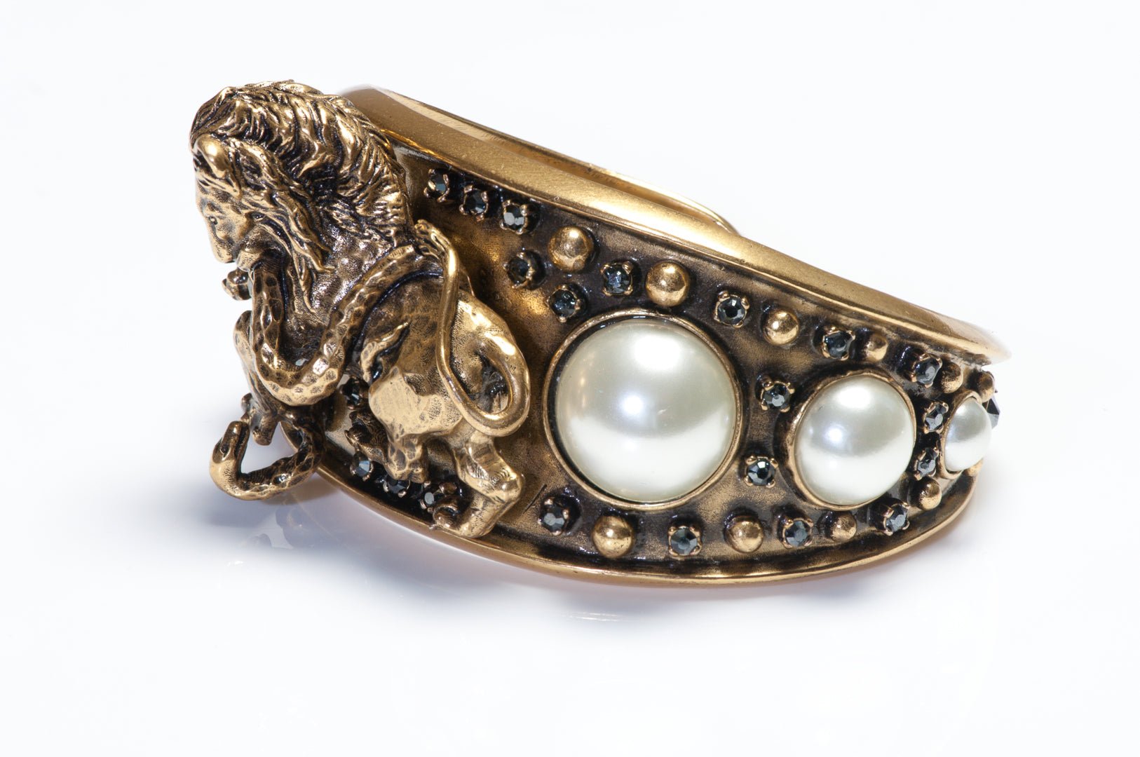 Dior Paris Wide Pearl Crystal Lion Snake Cuff Bracelet