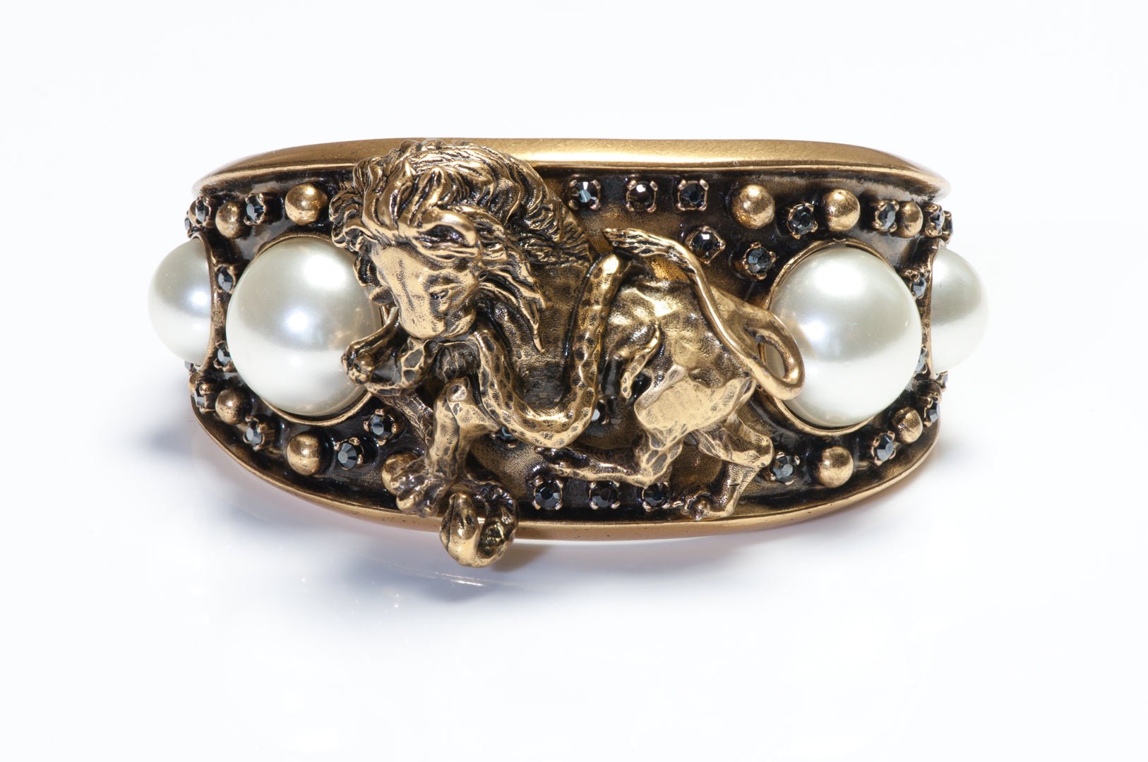 Dior Paris Wide Pearl Crystal Lion Snake Cuff Bracelet