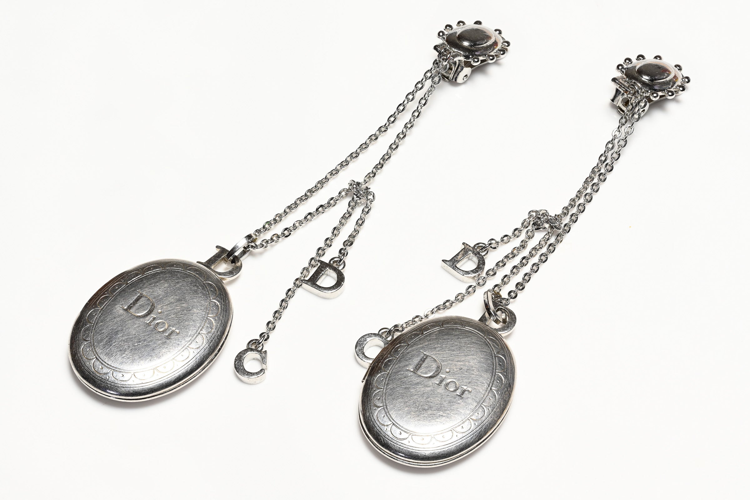 Vintage Christian Dior John Galliano Silver Tone Logo Locket Shoulder Duster Earrings