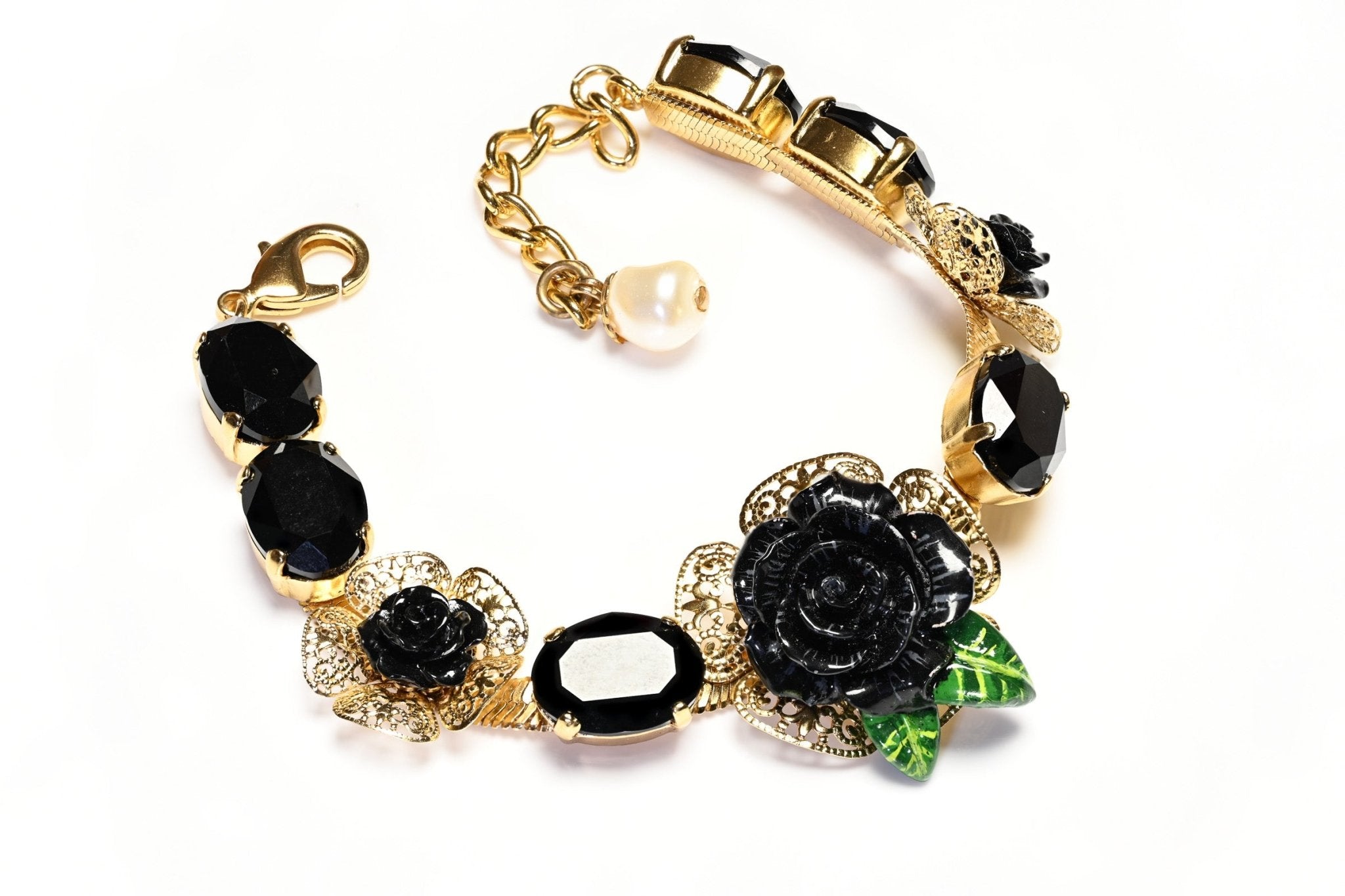 Dolce & Gabbana Black Green Resin Rose Pearl Crystal Flower Bracelet Necklace Set