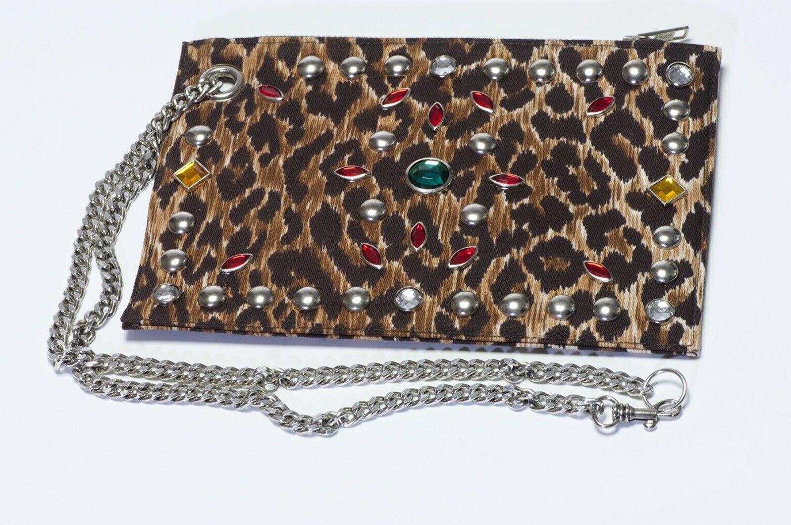 Dolce & Gabbana Leopard Satin Studded Crystal Chain Clutch Bag