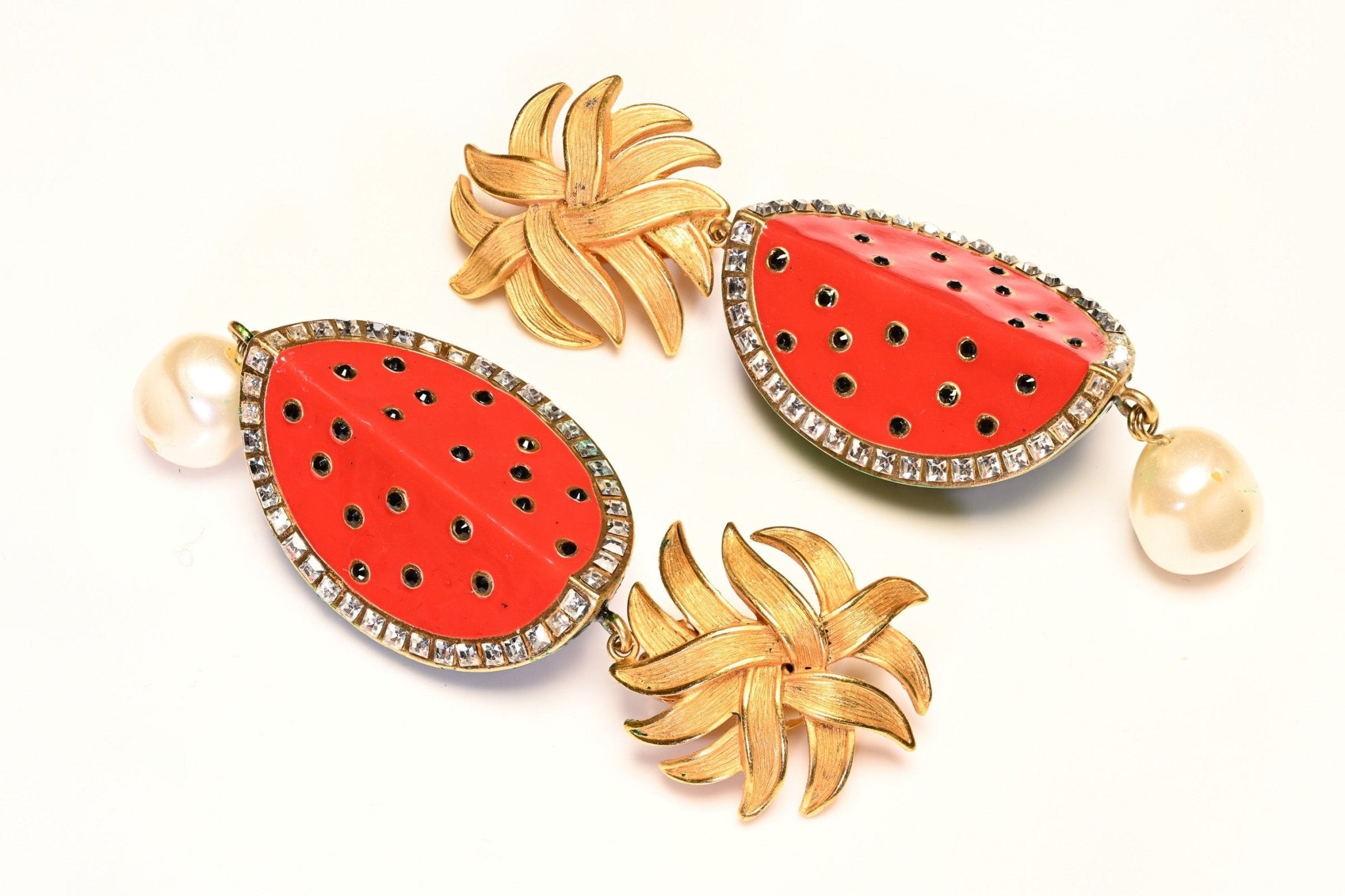Dolce & Gabbana Long Red Green Enamel Pearl Crystal Watermelon Earrings