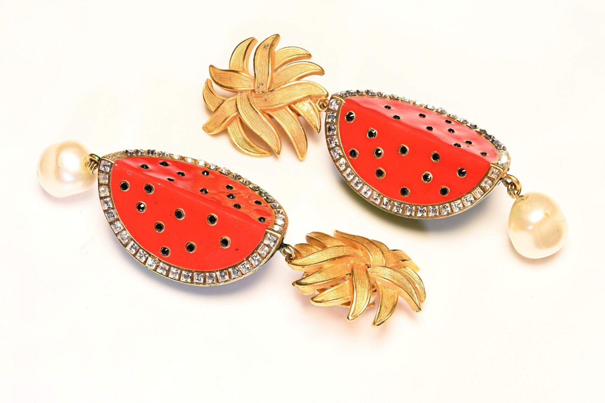 Dolce & Gabbana Long Red Green Enamel Pearl Crystal Watermelon Earrings