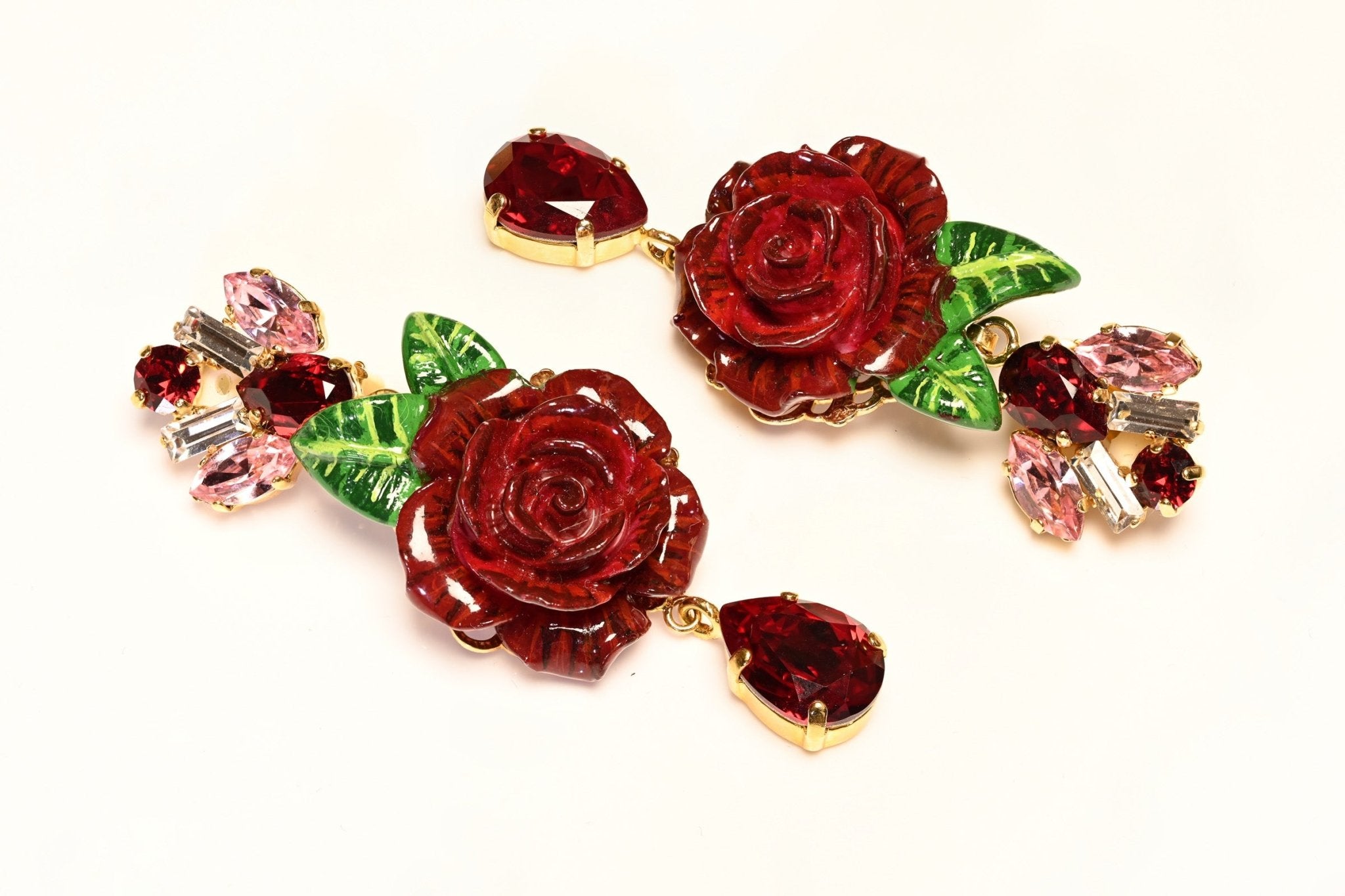 Dolce & Gabbana Red Green Resin Rose Flower Pink Crystal Earrings