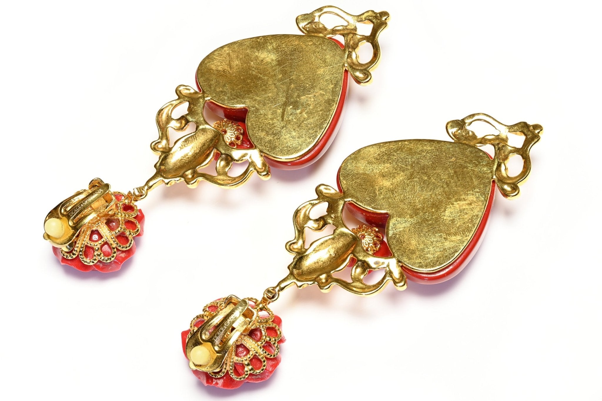 Dolce & Gabbana Red Rose Heart Black Enamel Fleur de Lis Long Earrings