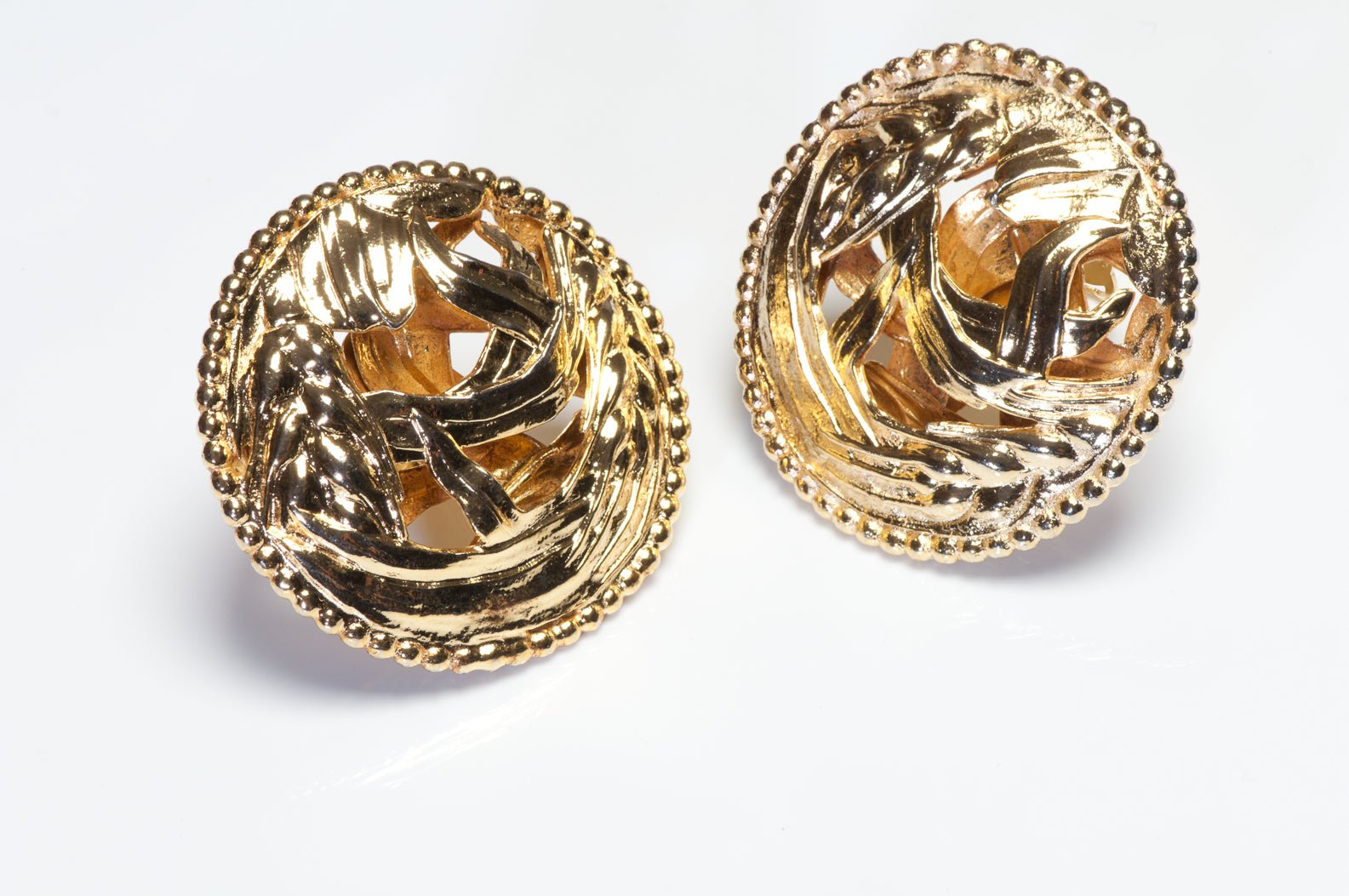 Dominique Aurientis Paris 1980’s Large Gold Plated Wheat Motif Round Earrings