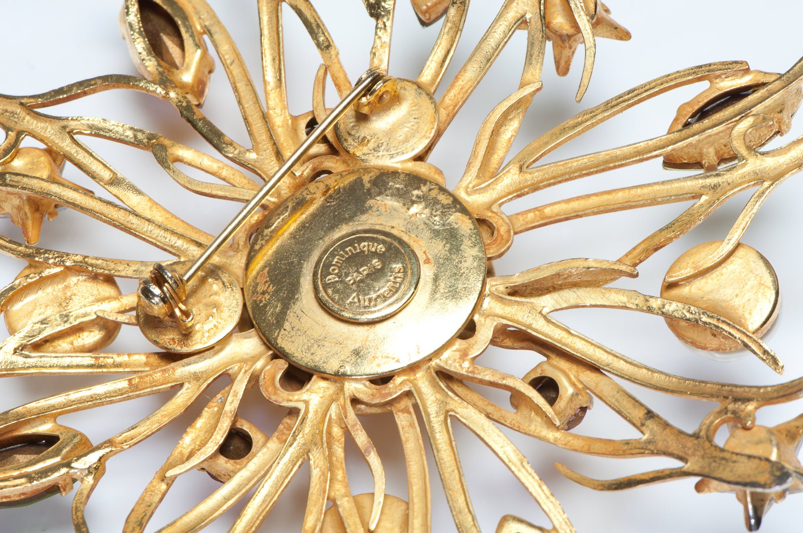 Dominique Aurientis Paris Large Green Yellow Star Crystal Pearl Flower Brooch
