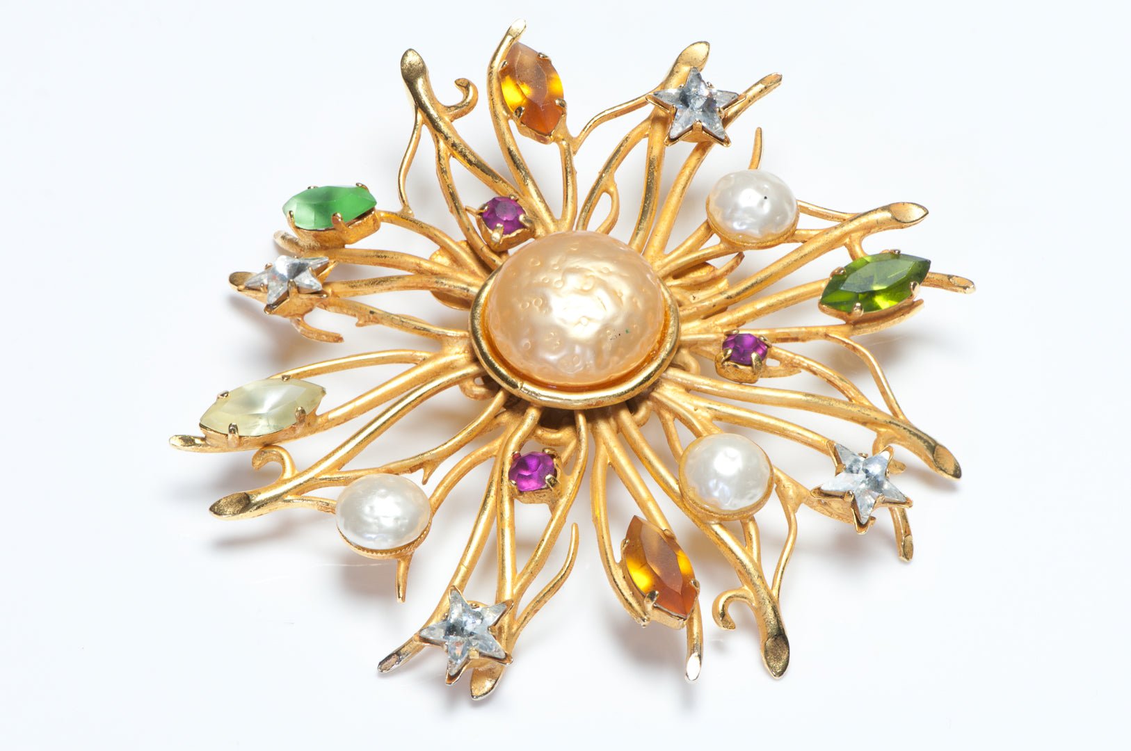 Dominique Aurientis Paris Large Green Yellow Star Crystal Pearl Flower Brooch