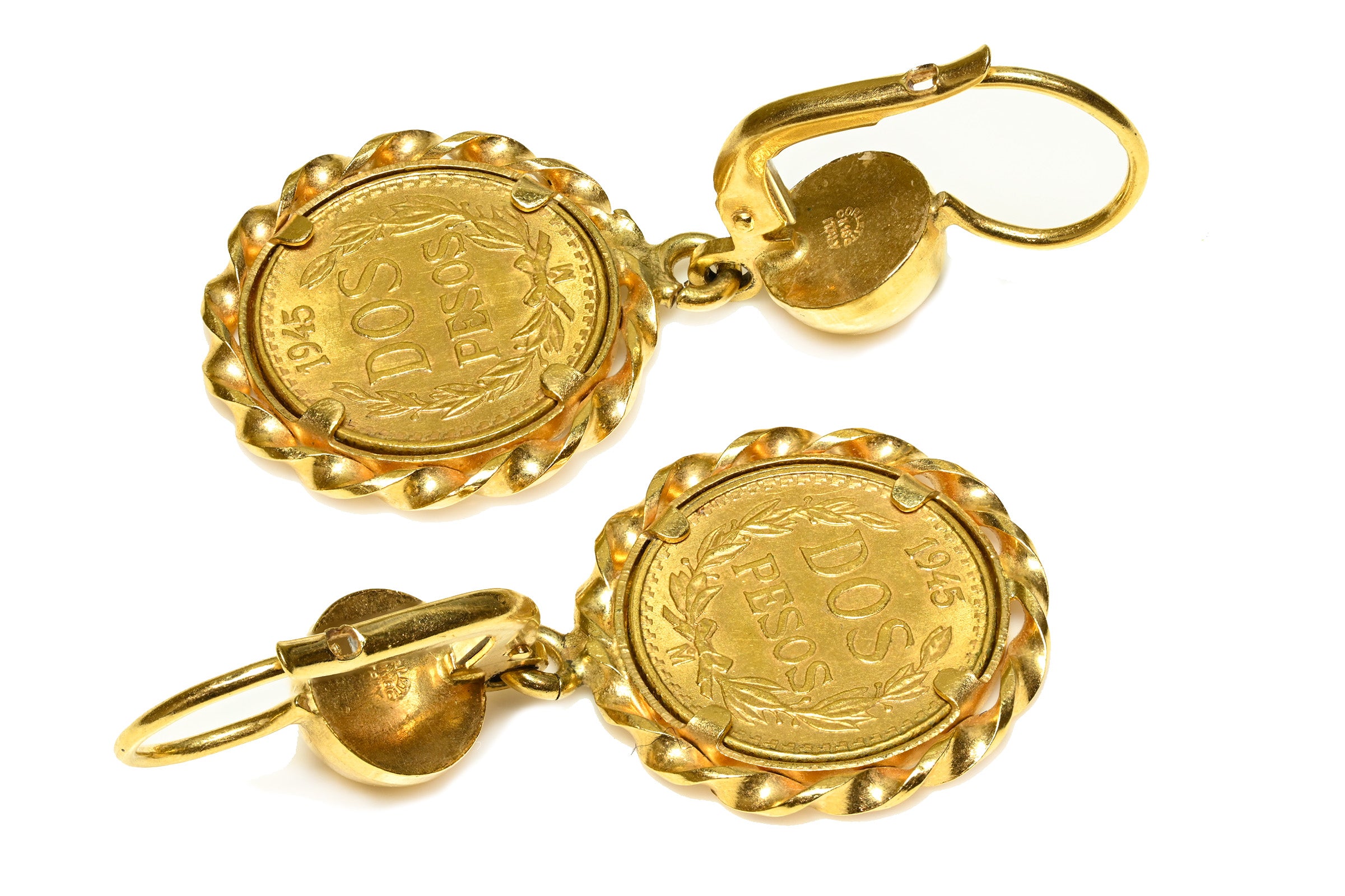 Vintage Mexican Dos Pesos 22K Gold Coin Earrings in 18K Mounting
