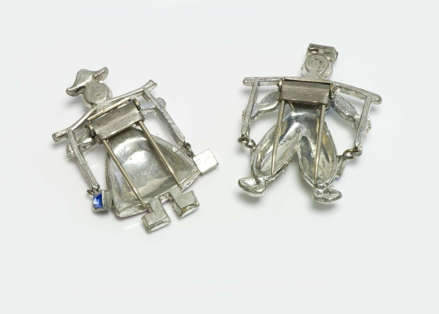 DUJAY 1939 Dutch Twins Jack Jill Water Carrier Blue Pink Crystal Pin Brooch Set