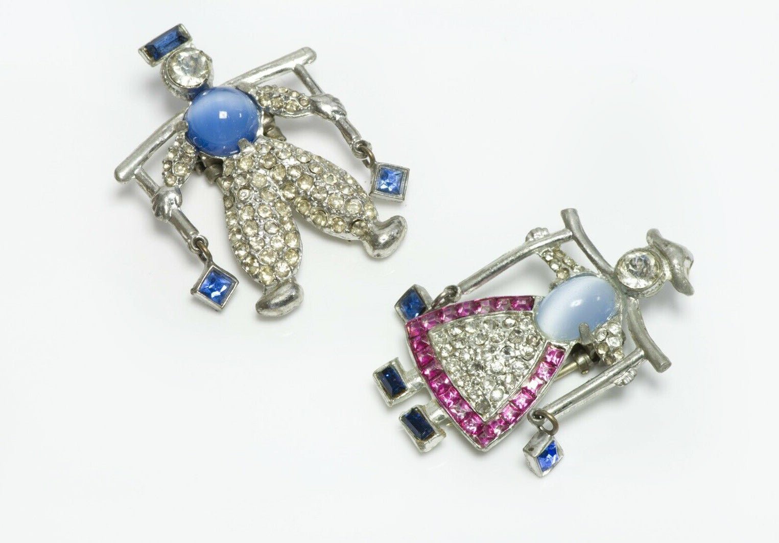 DUJAY 1939 Dutch Twins Jack Jill Water Carrier Blue Pink Crystal Pin Brooch Set