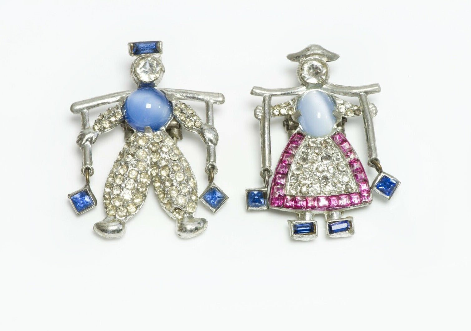 DUJAY 1939 Dutch Twins Jack Jill Water Carrier Blue Pink Crystal Pin Brooch Set