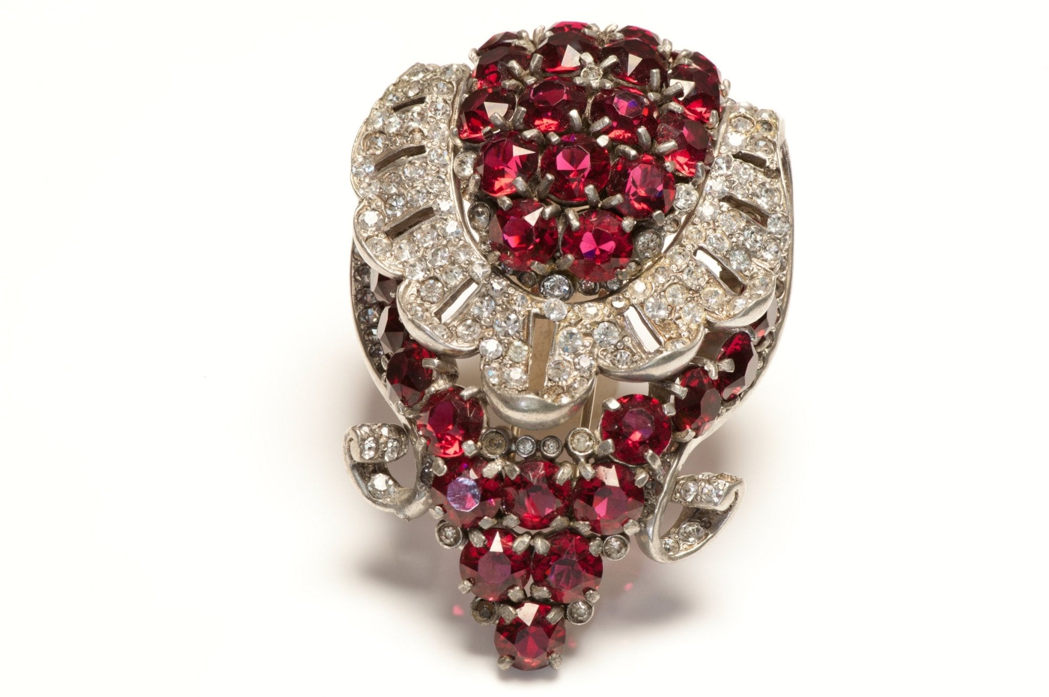 Early 1930's Eisenberg Red Crystal Pot Metal Large Clip Brooch