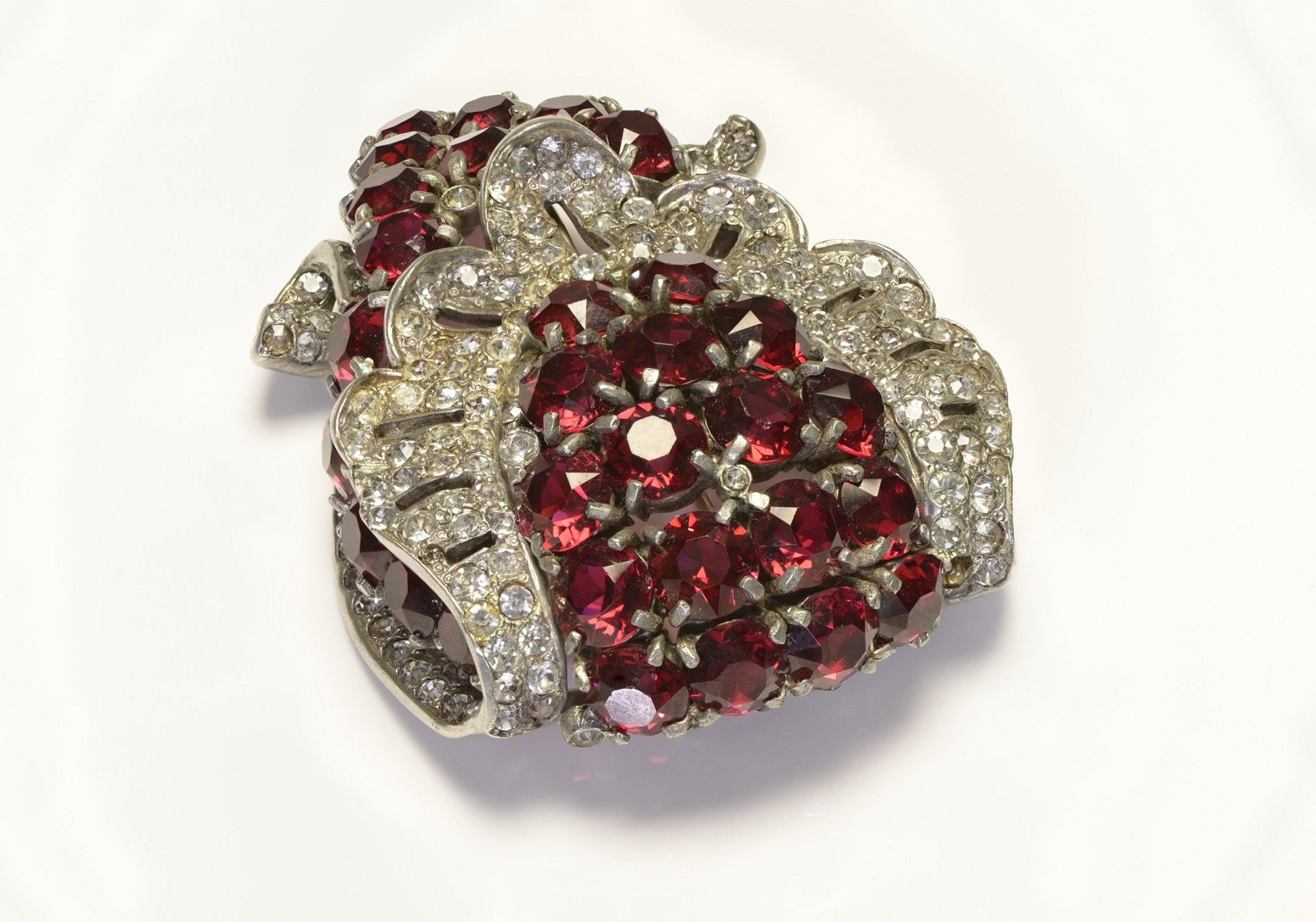 Early 1930's Eisenberg Red Crystal Pot Metal Large Clip Brooch