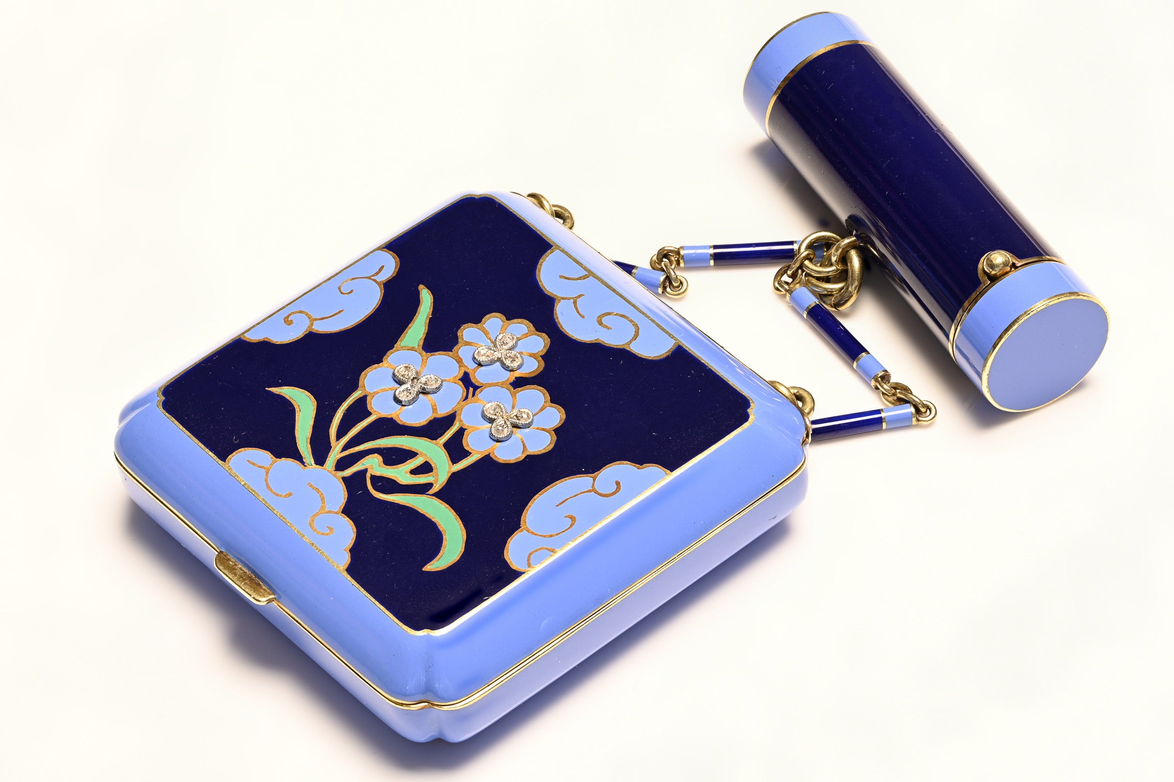 Art Deco Enamel Diamond Gold Compact Lipstick
